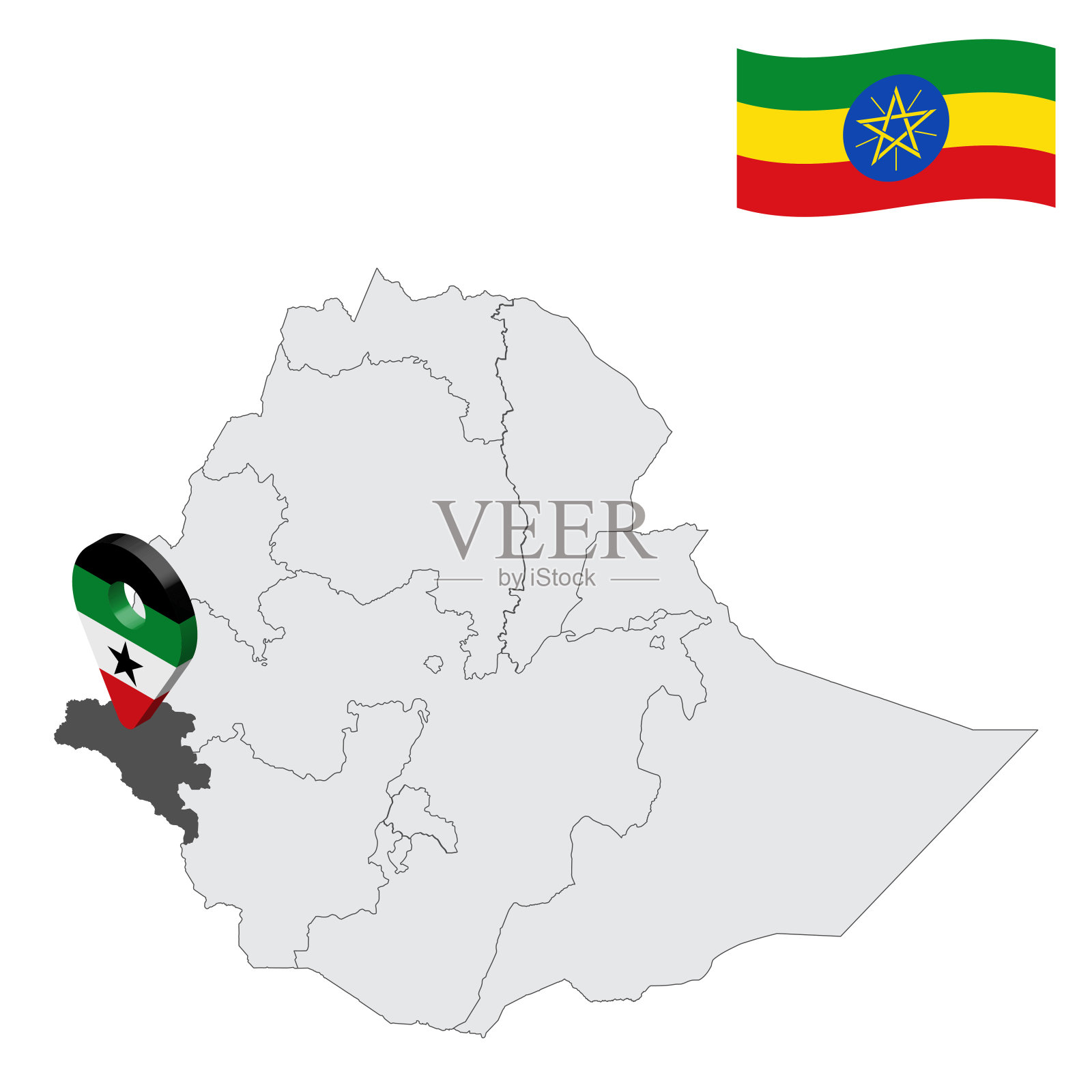 地图上的埃塞俄比亚甘贝拉地区。3d位置标志类似甘贝拉的旗帜。质量地图与省埃塞俄比亚为您的设计。EPS10插画图片素材