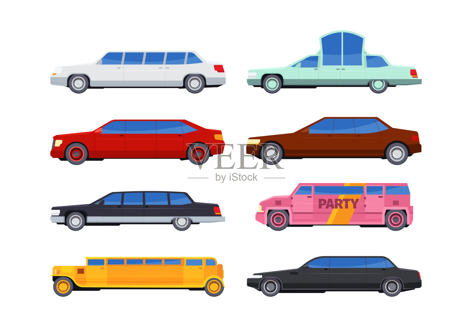 豪华轿车。优质车服务长车在平面风格艳丽的矢量图片集插画图片素材
