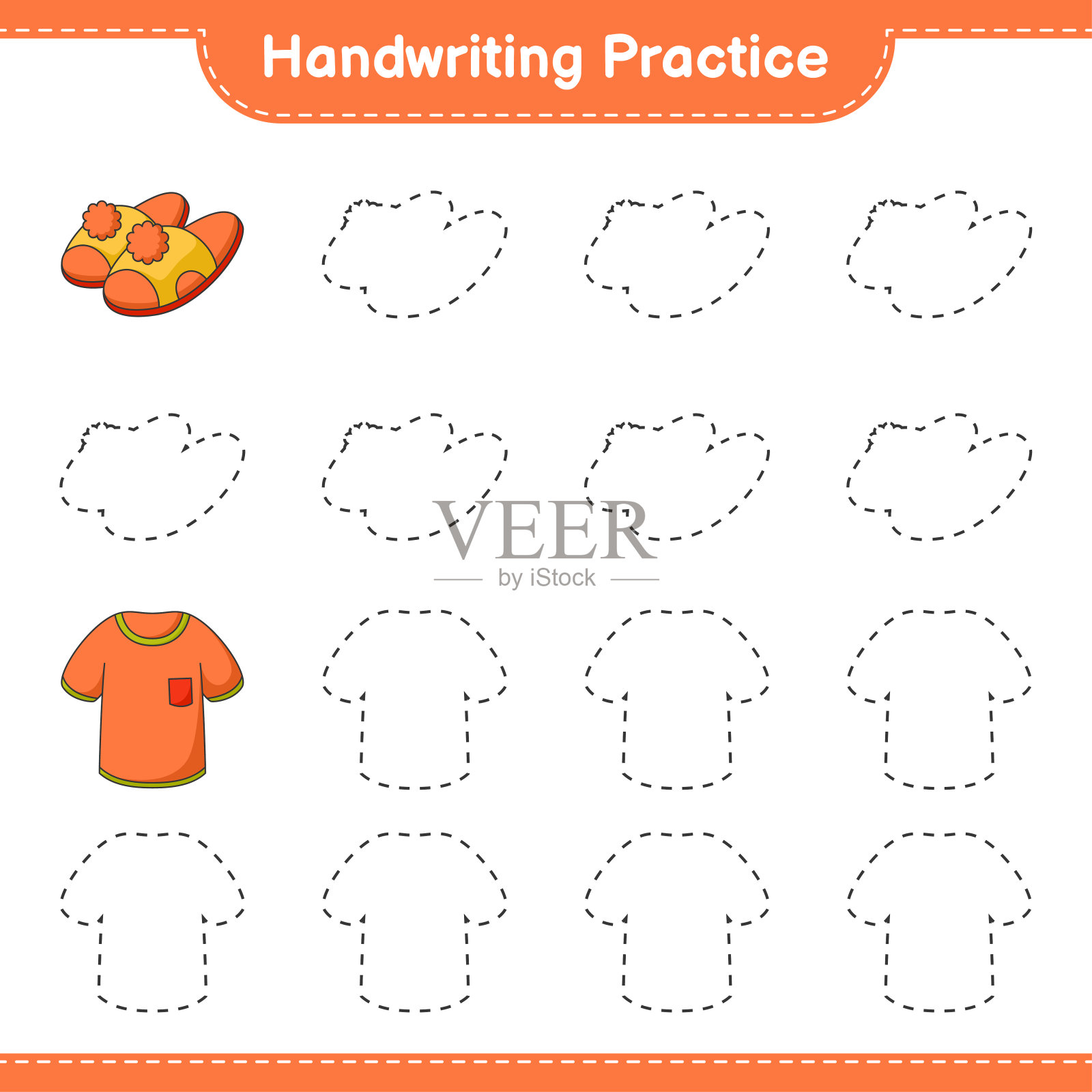 书法练习。描线的t恤和拖鞋。教育儿童游戏，可打印的工作表，矢量插图设计元素图片