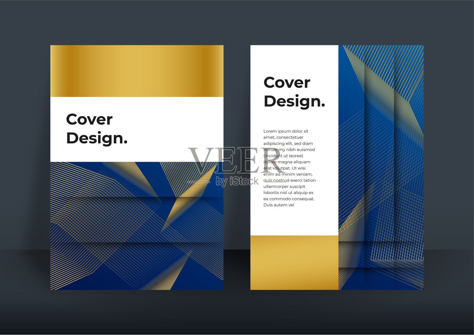 商业报告的蓝色金封面模板。抽象的背景设计。现代未来主义技术背景矢量插图。流体梯度形状组成。游戏设计海报设计模板素材