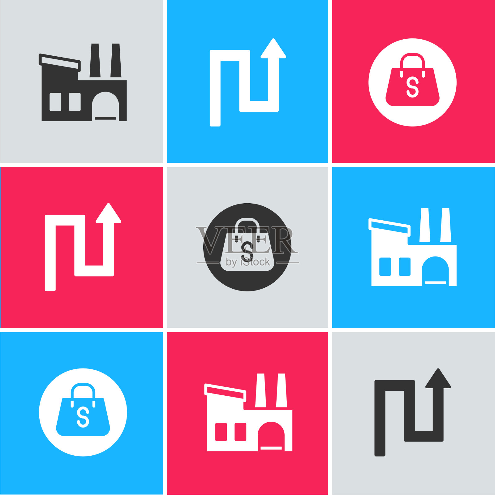 设置工厂箭头和购物袋与销售图标图标素材