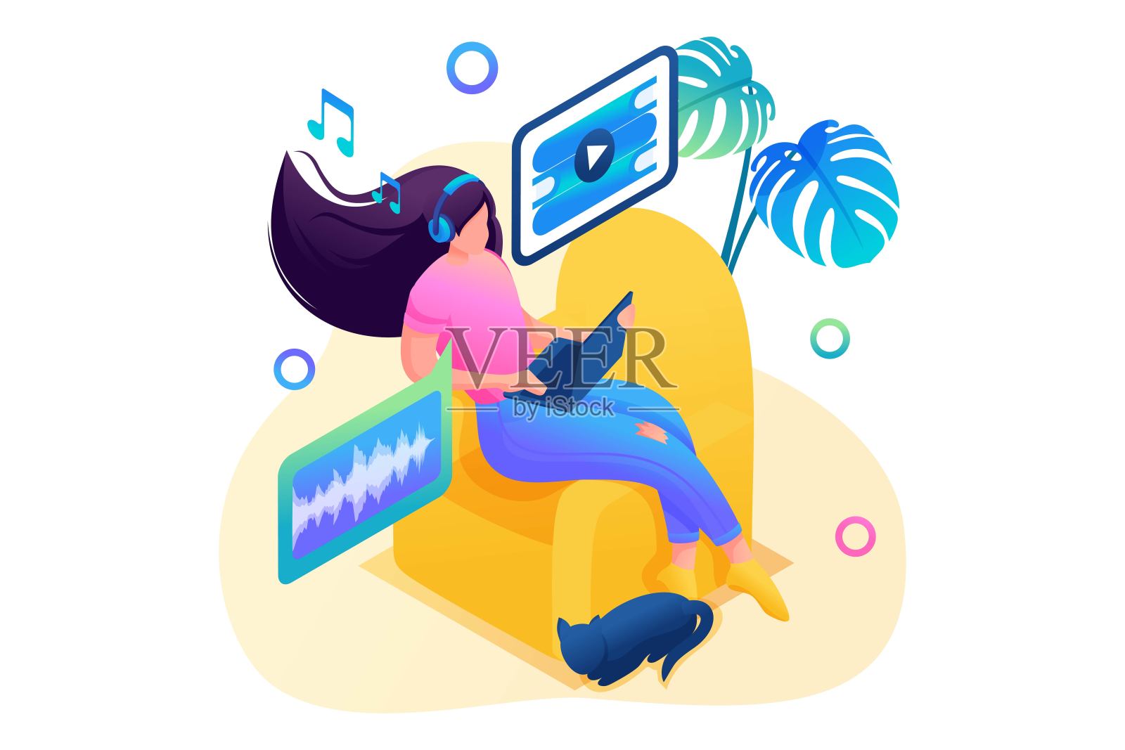 等距3 d。自学，一个在线学习的女孩，在平板电脑上听讲座。网页设计概念插画图片素材