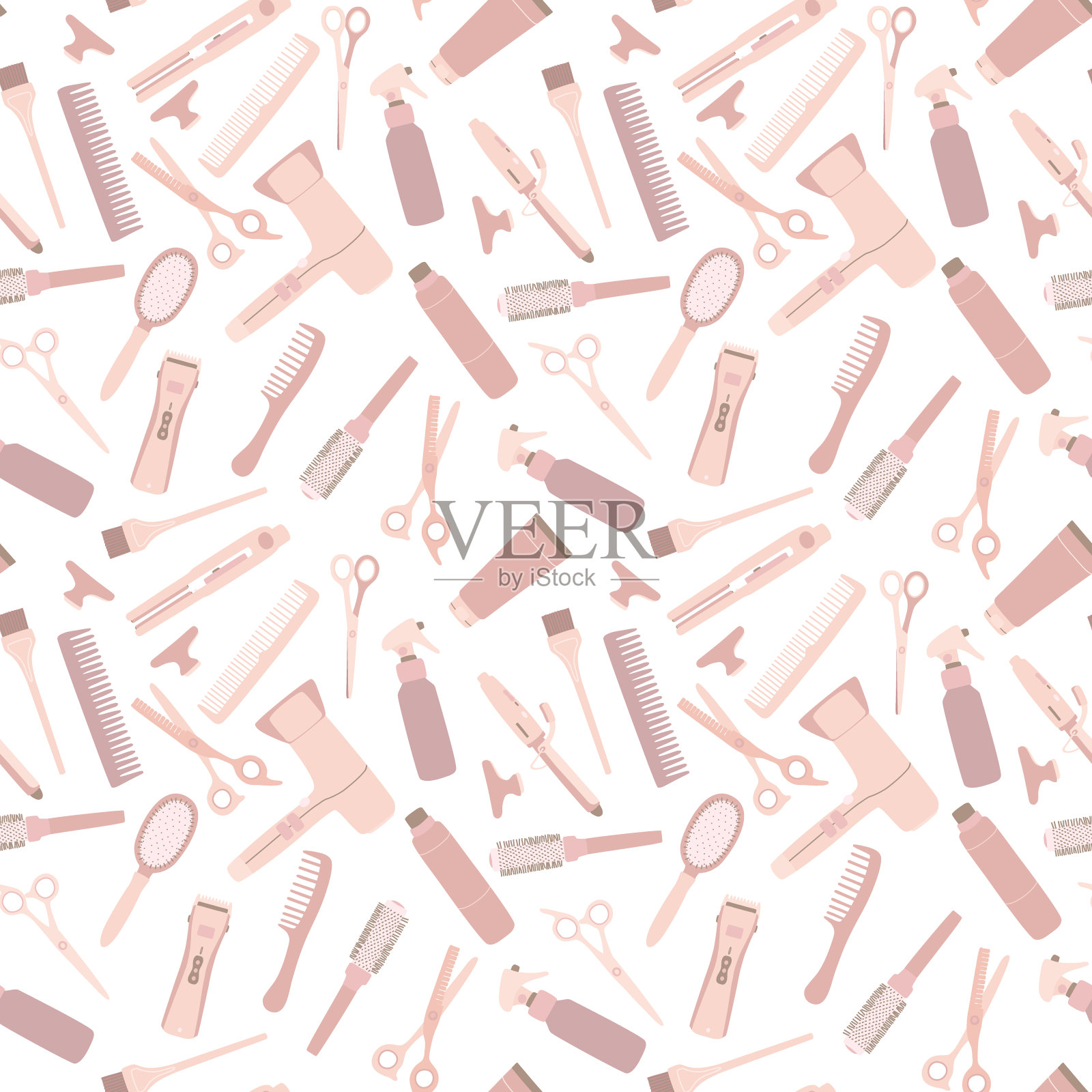 无缝模式与美发工具，电吹风，剪刀，梳子。美发师配件米色柔和的颜色。平面矢量插图的纺织品和设计插画图片素材