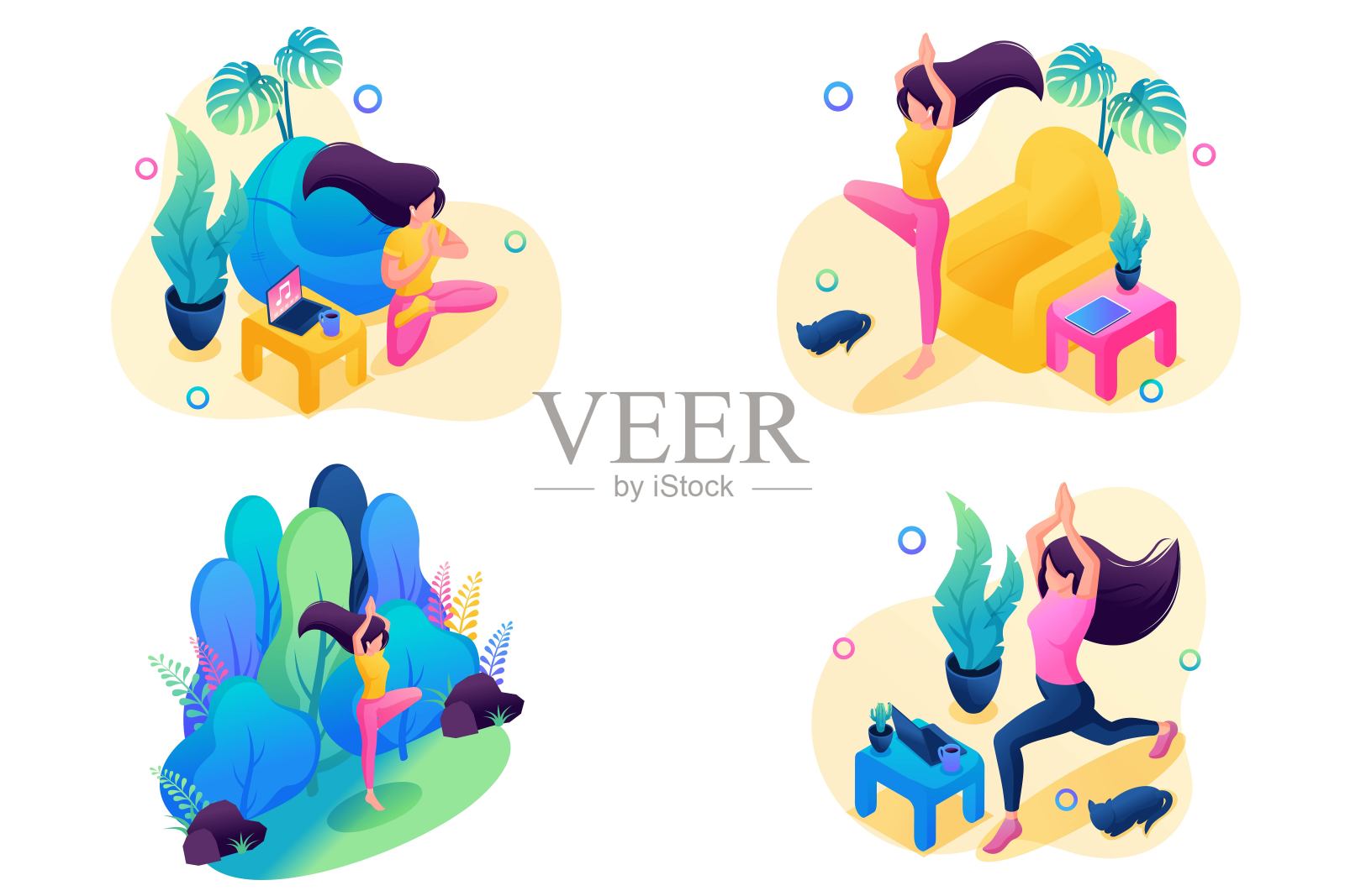 等距3 d。关于瑜伽的网页设计与美丽的插图工具包插画图片素材