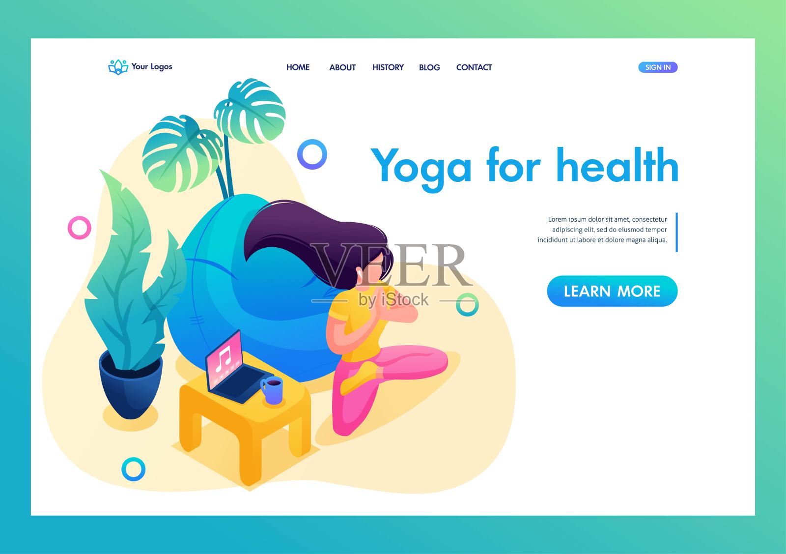 等距3 d。女孩在家做瑜伽，为身心健康冥想。登陆页的概念插画图片素材