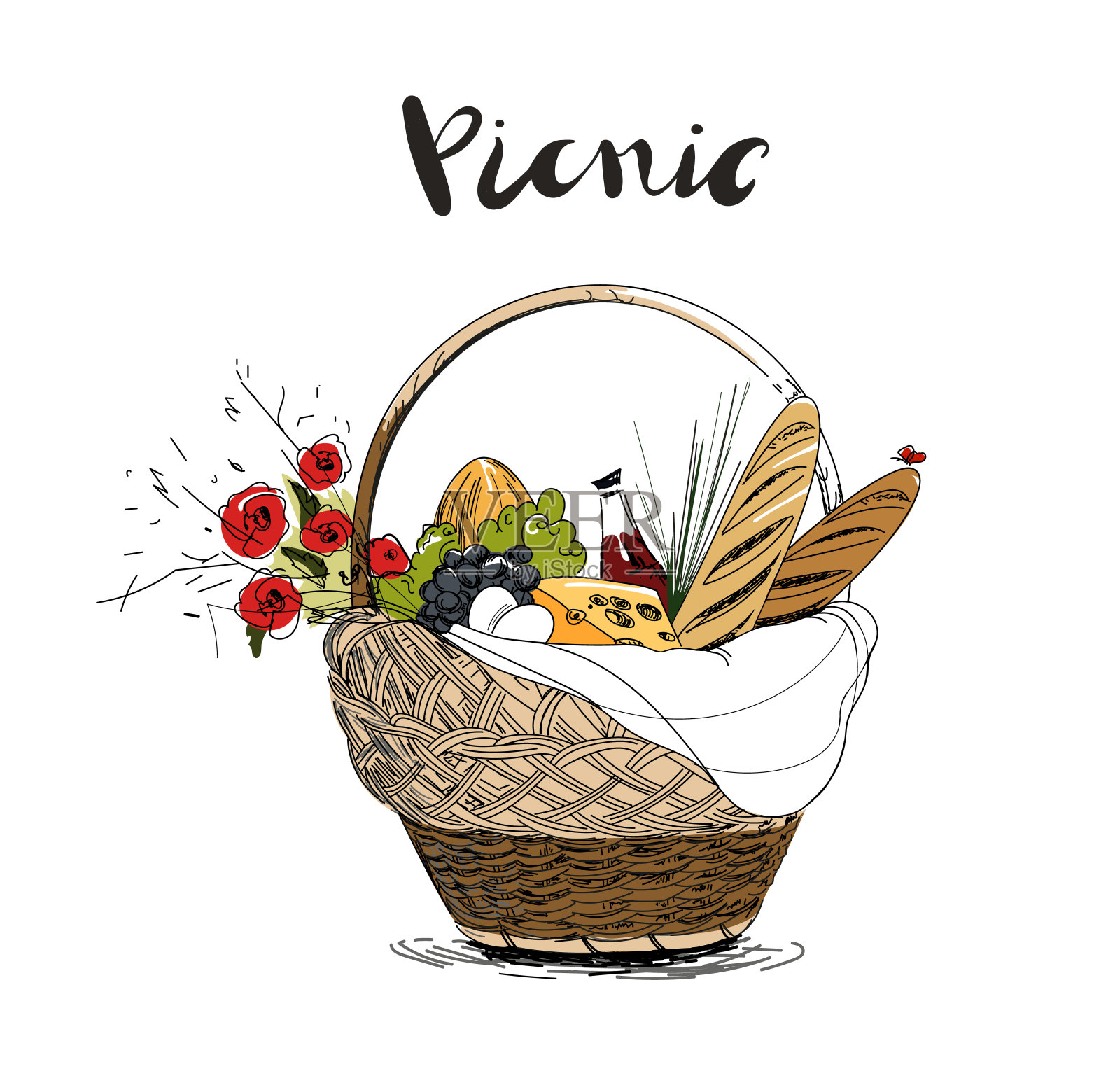 带食物的野餐篮。手绘的。插画图片素材