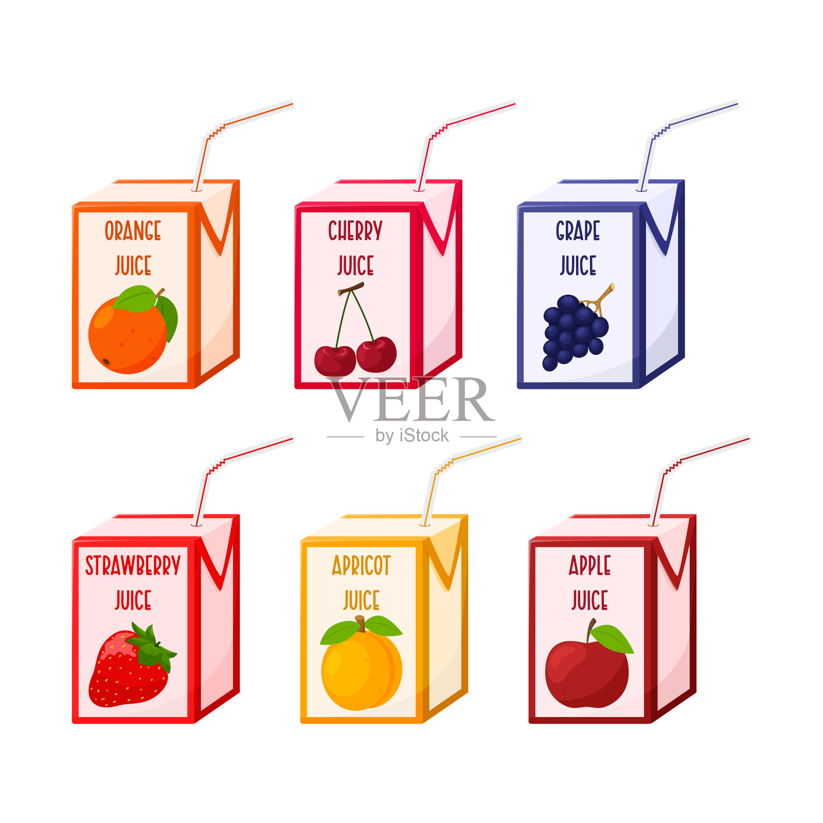 一套不同的果汁，用吸管装在纸板箱里。水果和浆果汁。婴儿食品，新鲜的夏季饮料。平的,卡通风格。颜色矢量插图孤立在白色的背景。插画图片素材