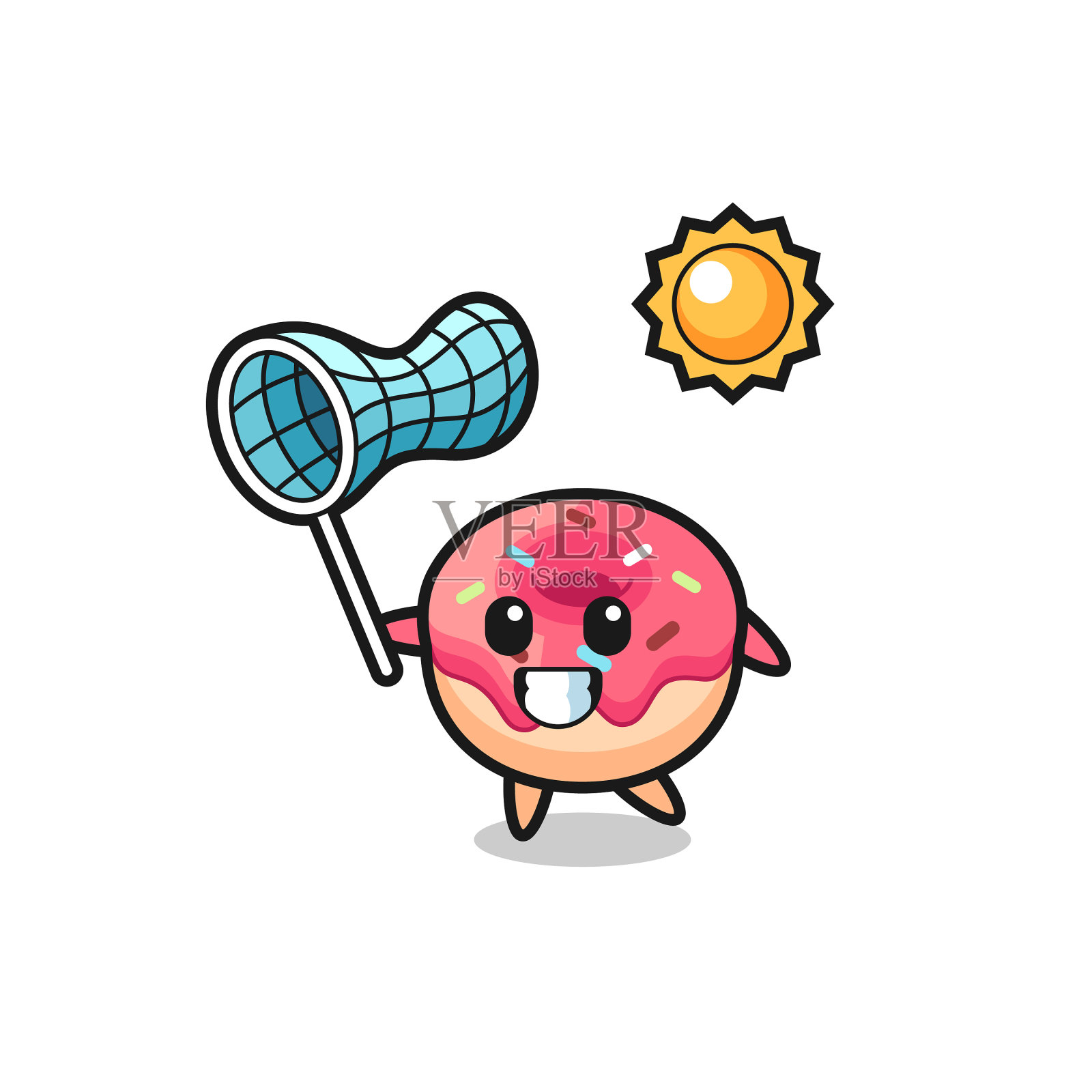 甜甜圈吉祥物正在抓蝴蝶插画图片素材