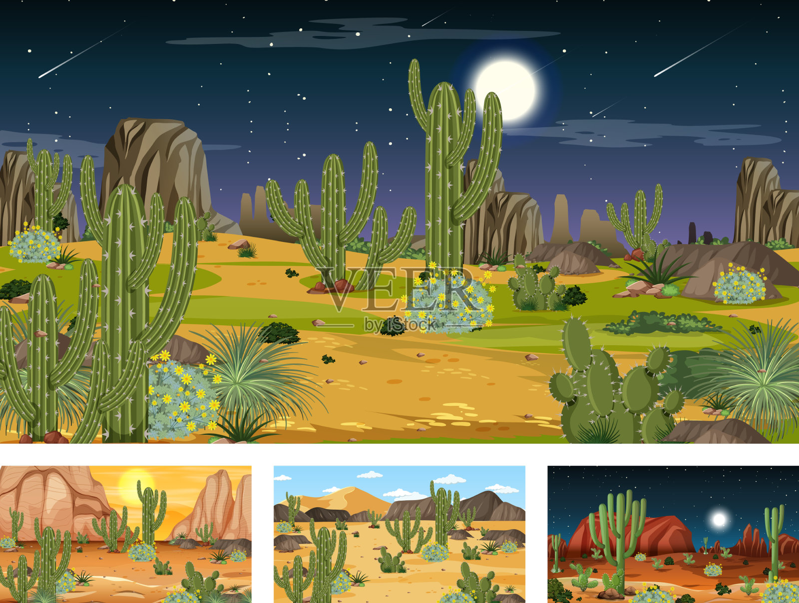 不同场景的沙漠森林景观插画图片素材