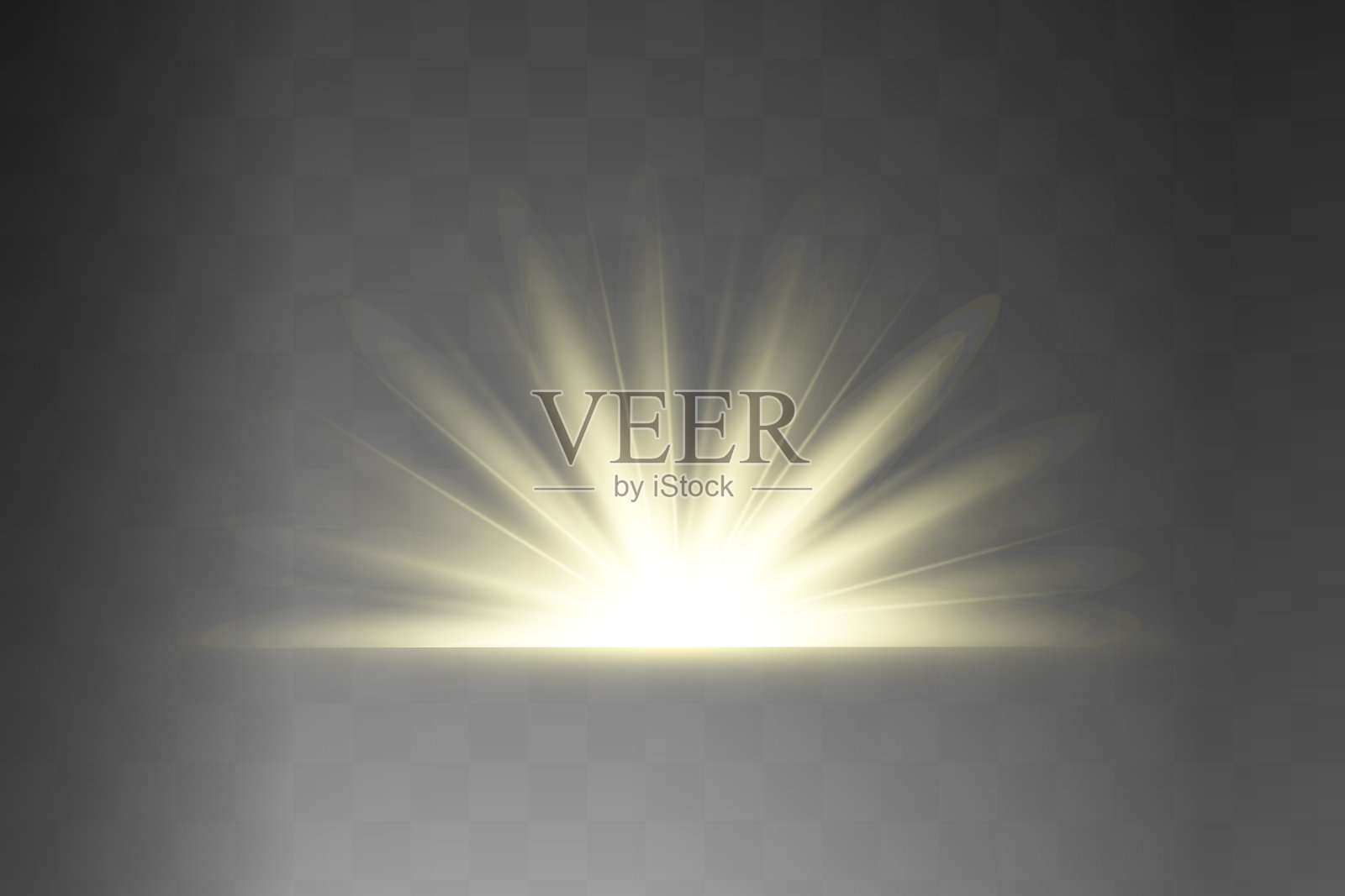 黄色发光的光在透明的背景上爆炸。闪闪发光的魔法尘埃颗粒。明亮的恒星。透明灿烂的阳光，明亮的闪光。向量闪光。使明亮的闪光集中在中心插画图片素材