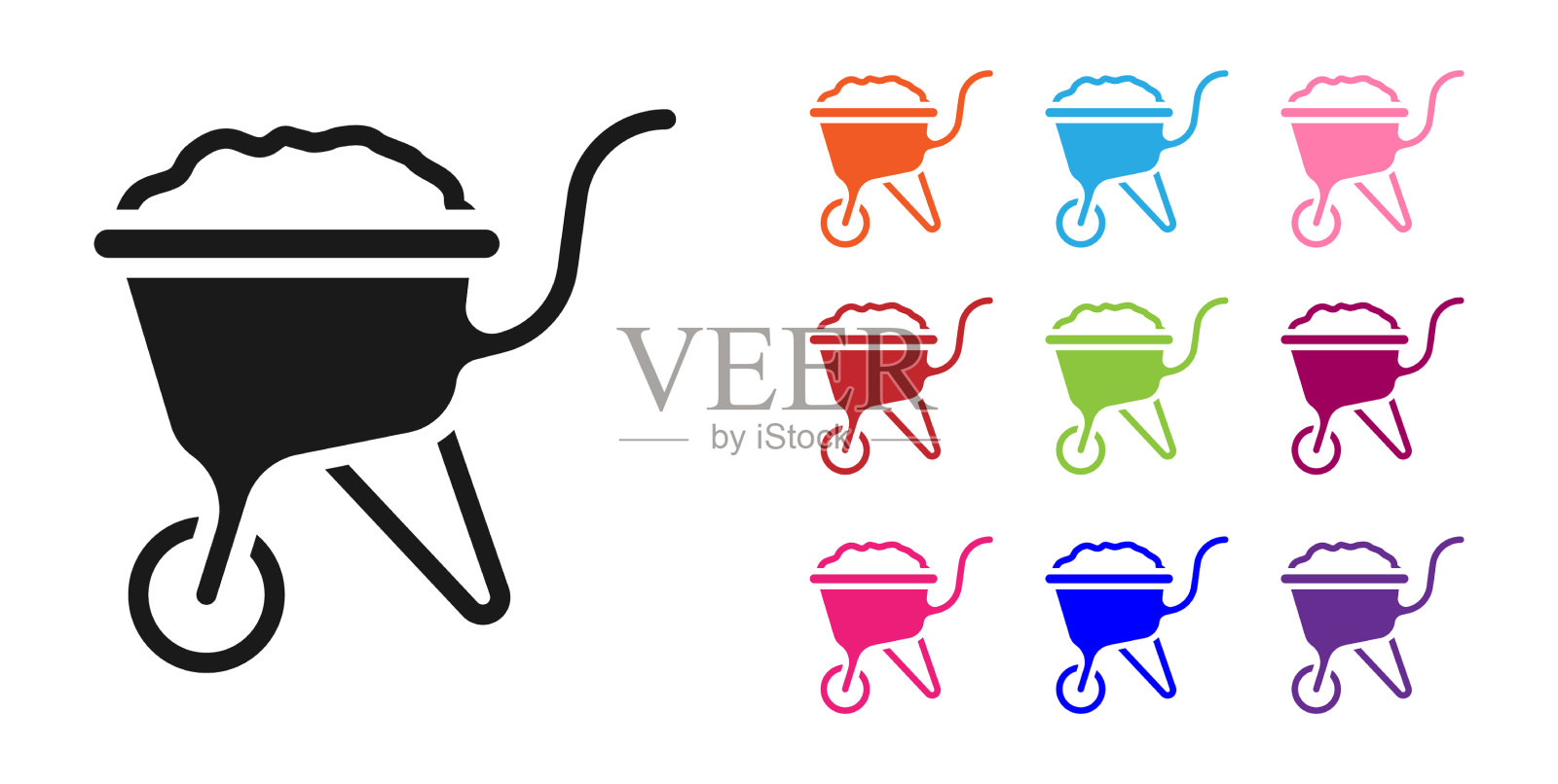 黑色手推车与污垢图标孤立在白色插画图片素材