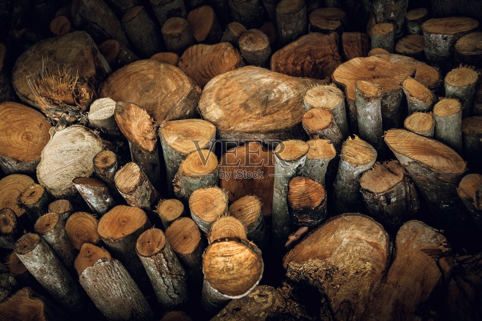 一堆原木。工业用木材储存。倒下的树干。全景的柴火砍伐树干原木堆放准备。为工业生产砍伐森林。的日志模式。照片摄影图片