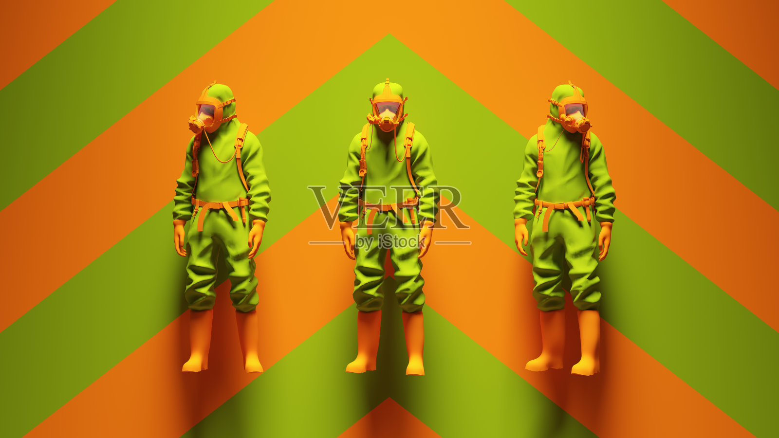 绿橙3 Hazmat Suit Ravers with Green an Orange Chevron Background照片摄影图片