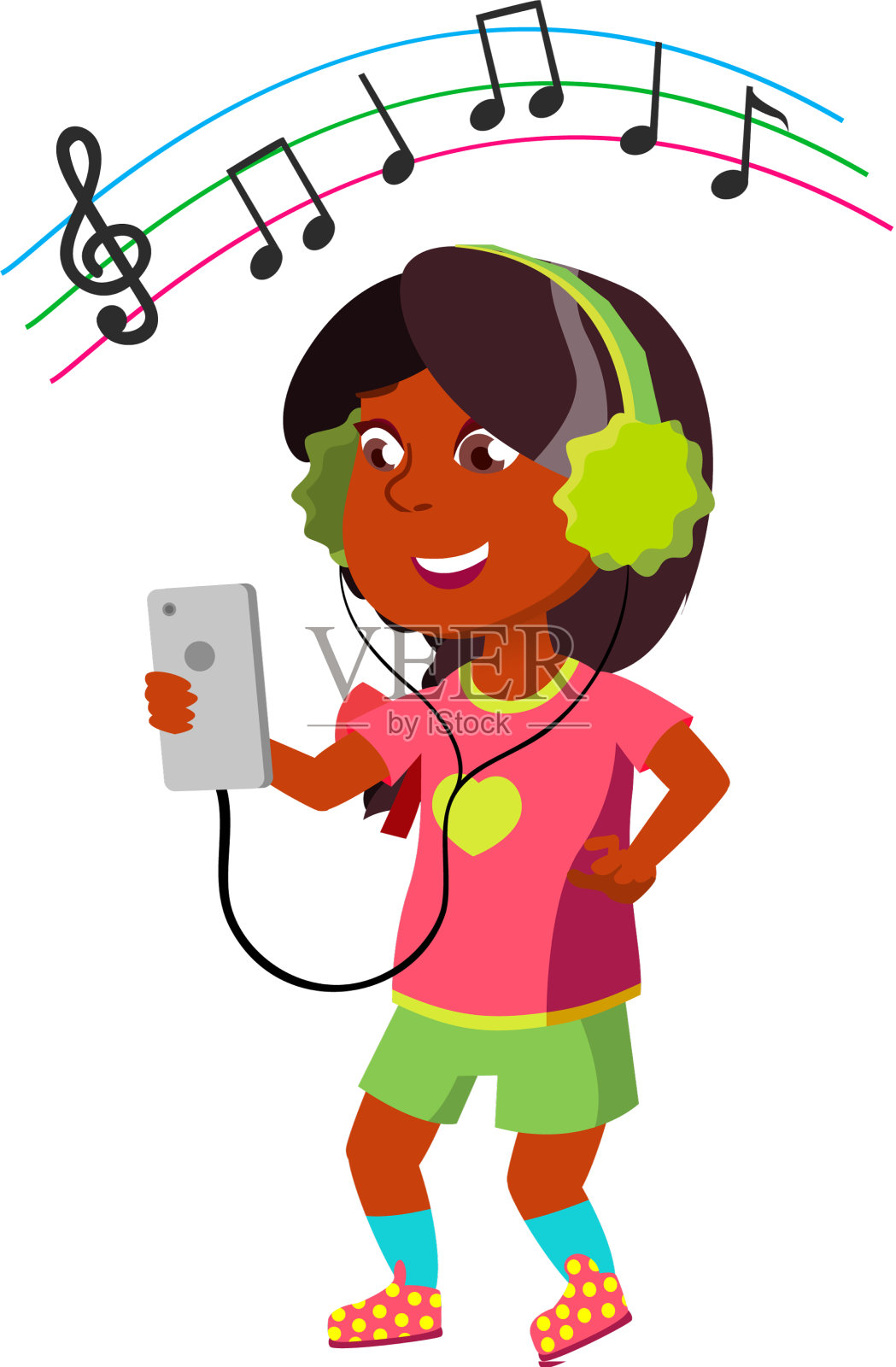 女孩听音乐耳机从电话设计元素图片