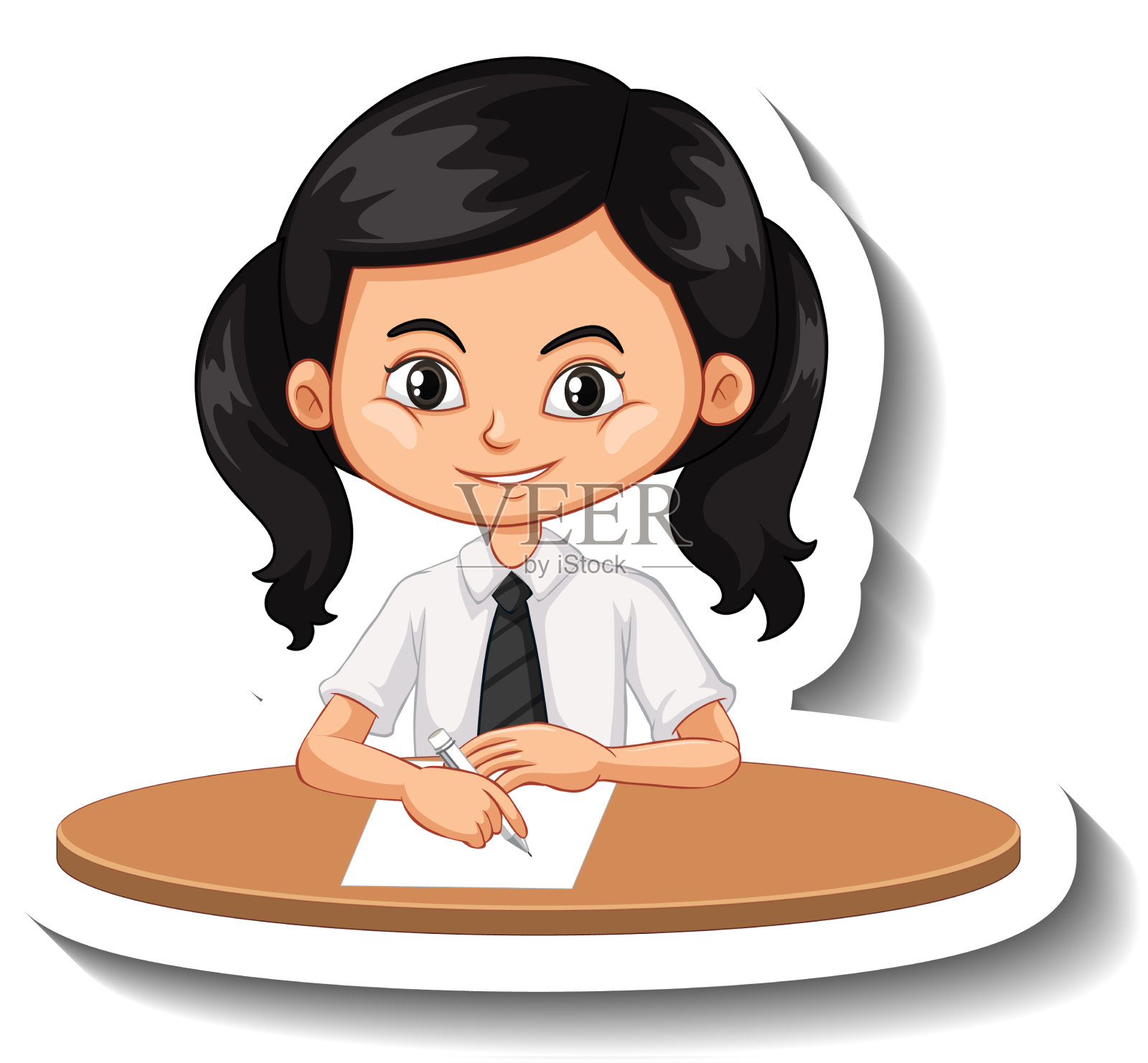 女生坐在书桌前的卡通贴纸设计元素图片