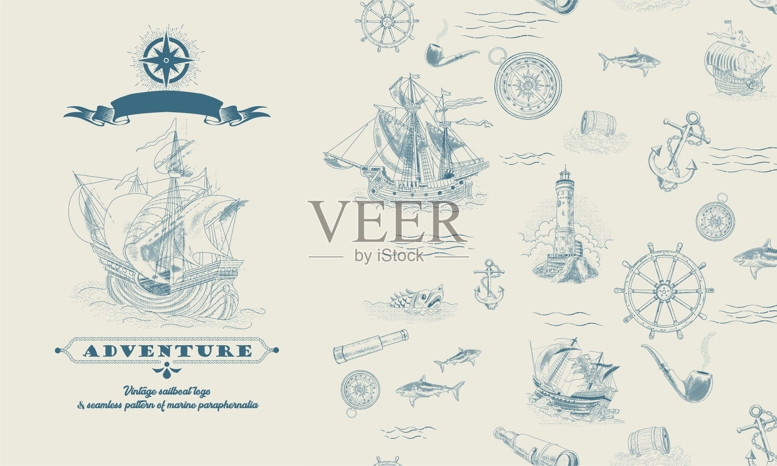 无缝模式与复古风格的航海项目插画图片素材