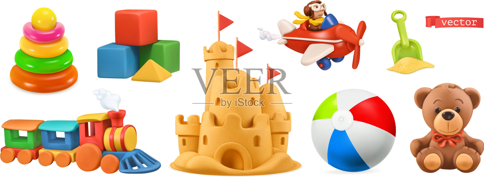 儿童玩具火车飞机城堡球立方体熊3d设计元素图片