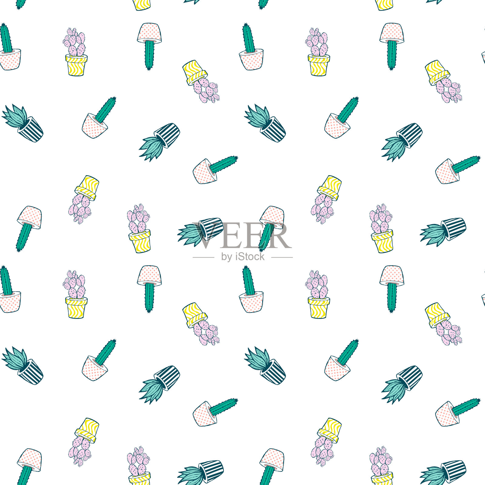 仙人掌在花盆平面手绘无缝模式插画图片素材