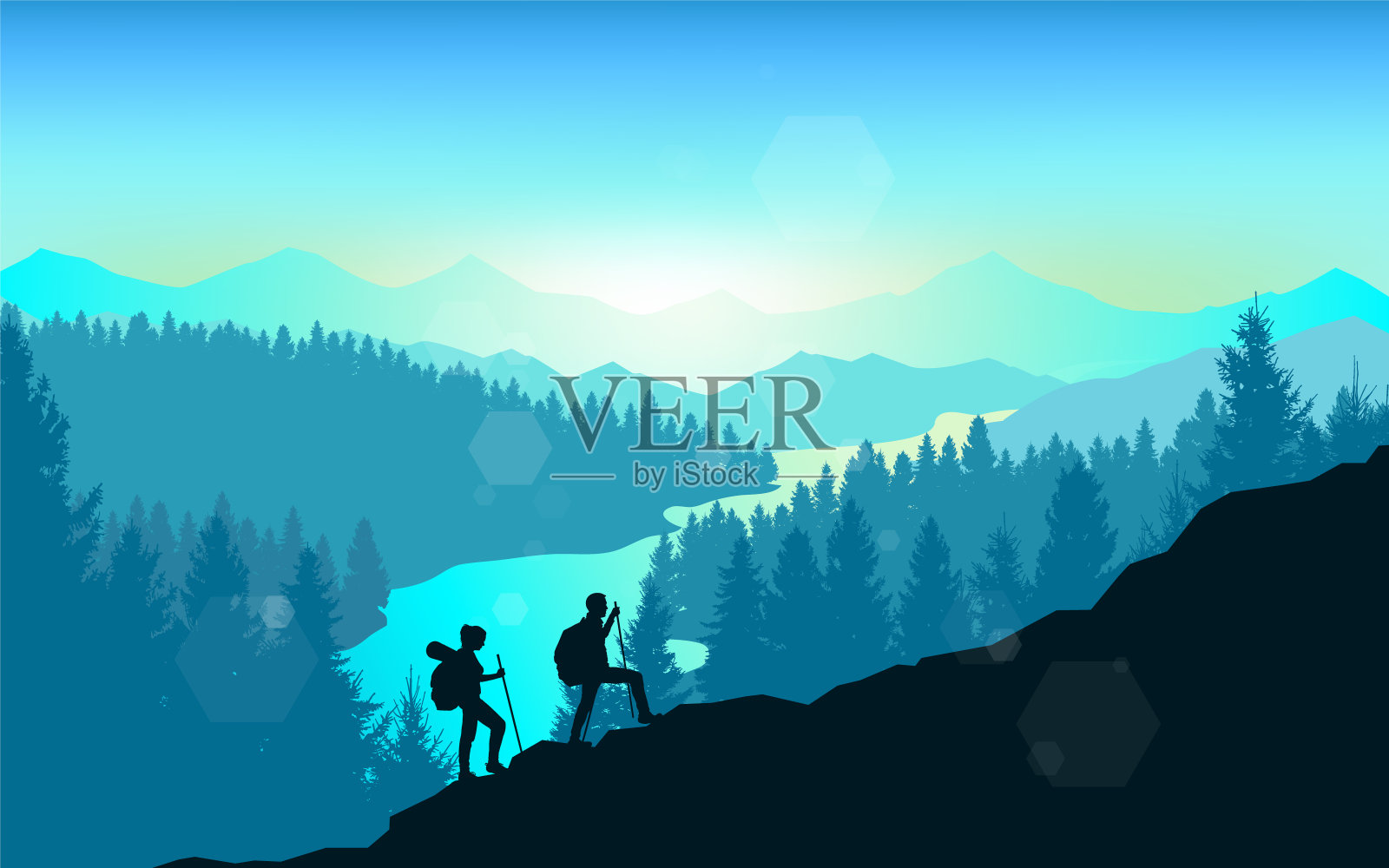 一些登山者。在黎明爬到山顶。发现、探索和观察自然的旅游理念。徒步旅游。冒险。极简主义的图形传单。多边形平面设计插图插画图片素材