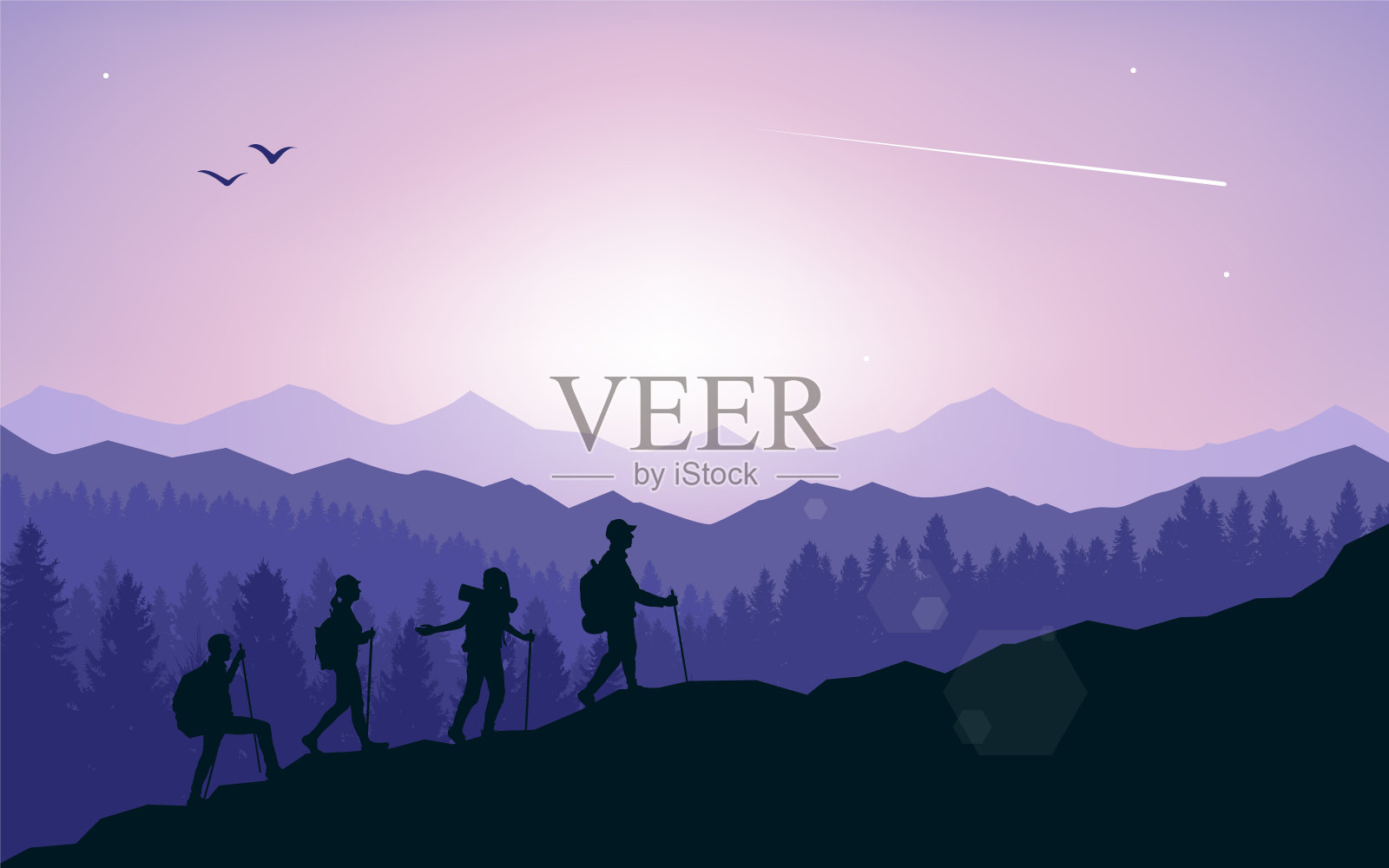 一队徒步旅行者爬山。团队合作。发现、探索和观察自然的旅游理念。徒步旅游。冒险。极简主义的图形传单。多边形平面设计插图插画图片素材