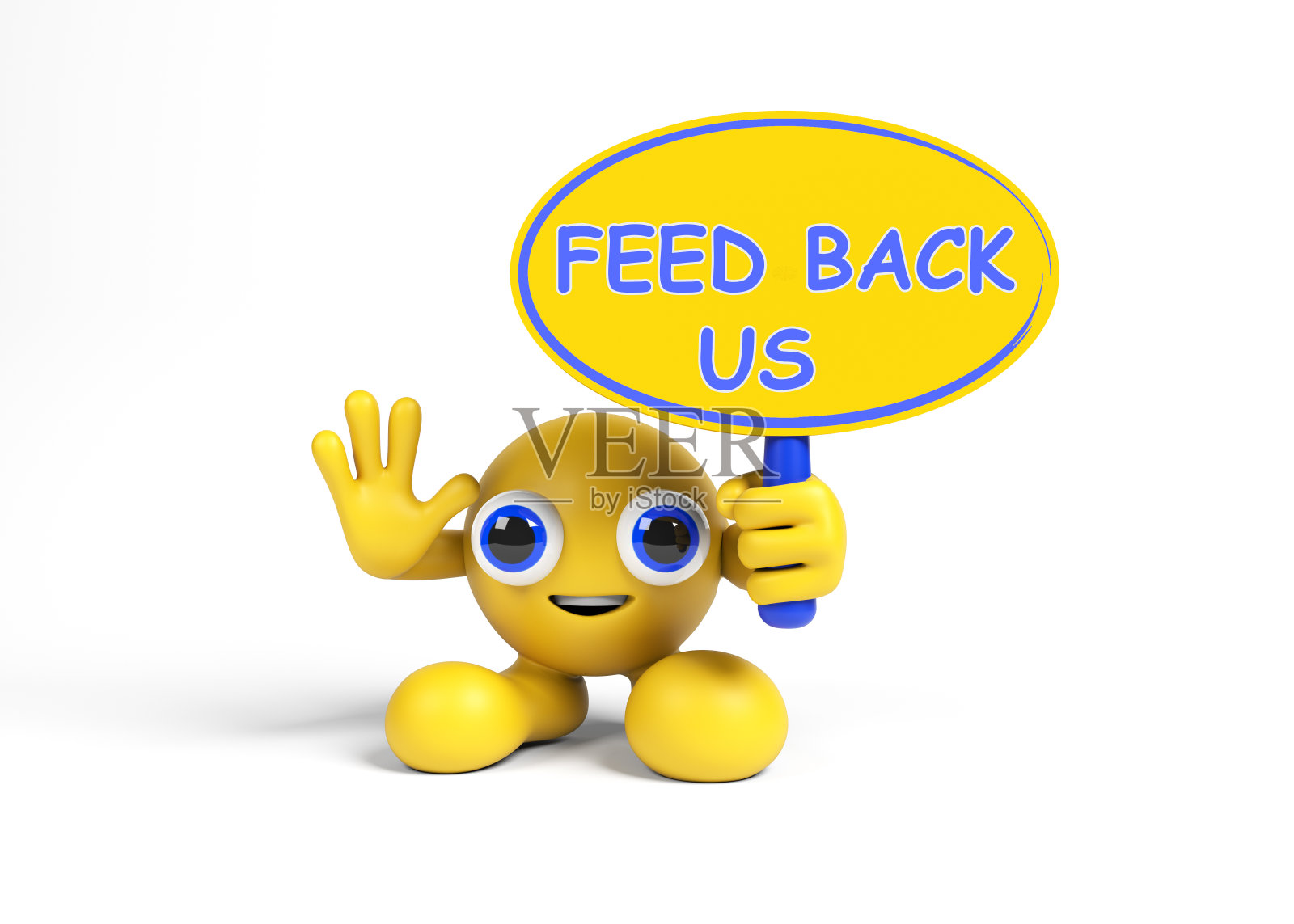 黄色的3d角色和黄色的手横幅与蓝色的反馈文本。照片摄影图片