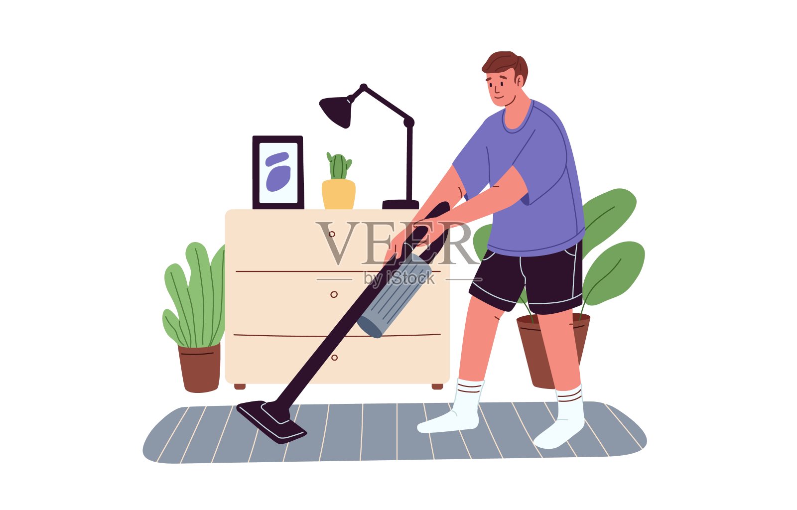 年轻人用无绳吸尘器清洁地板和地毯。在公寓房间用家用电器做家庭清洁工作的人。彩色平面矢量插图孤立的白色背景。插画图片素材