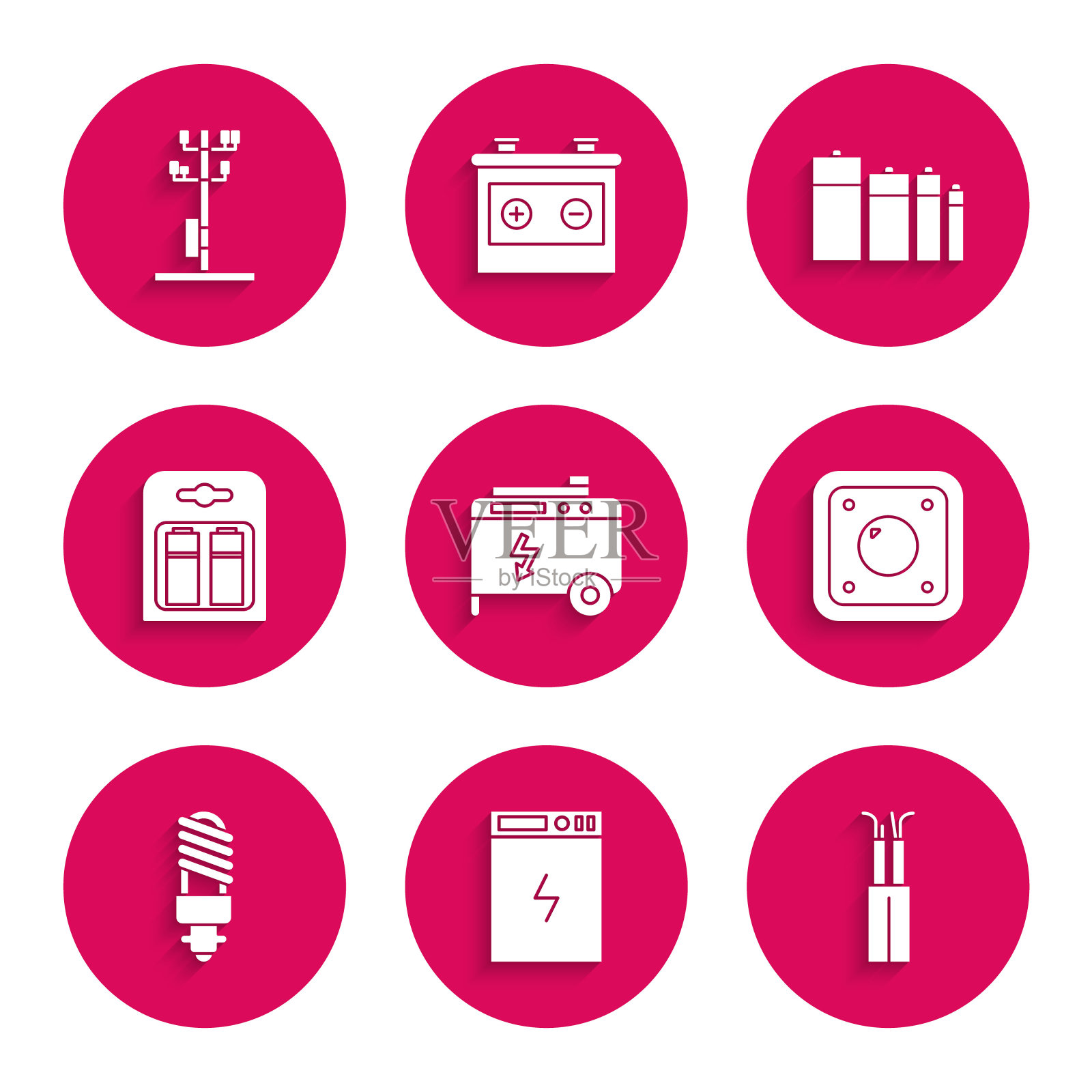 设置便携式电源发电机，电源组，电缆，灯开关，LED灯泡，电池组，高压极线图标。向量图标素材