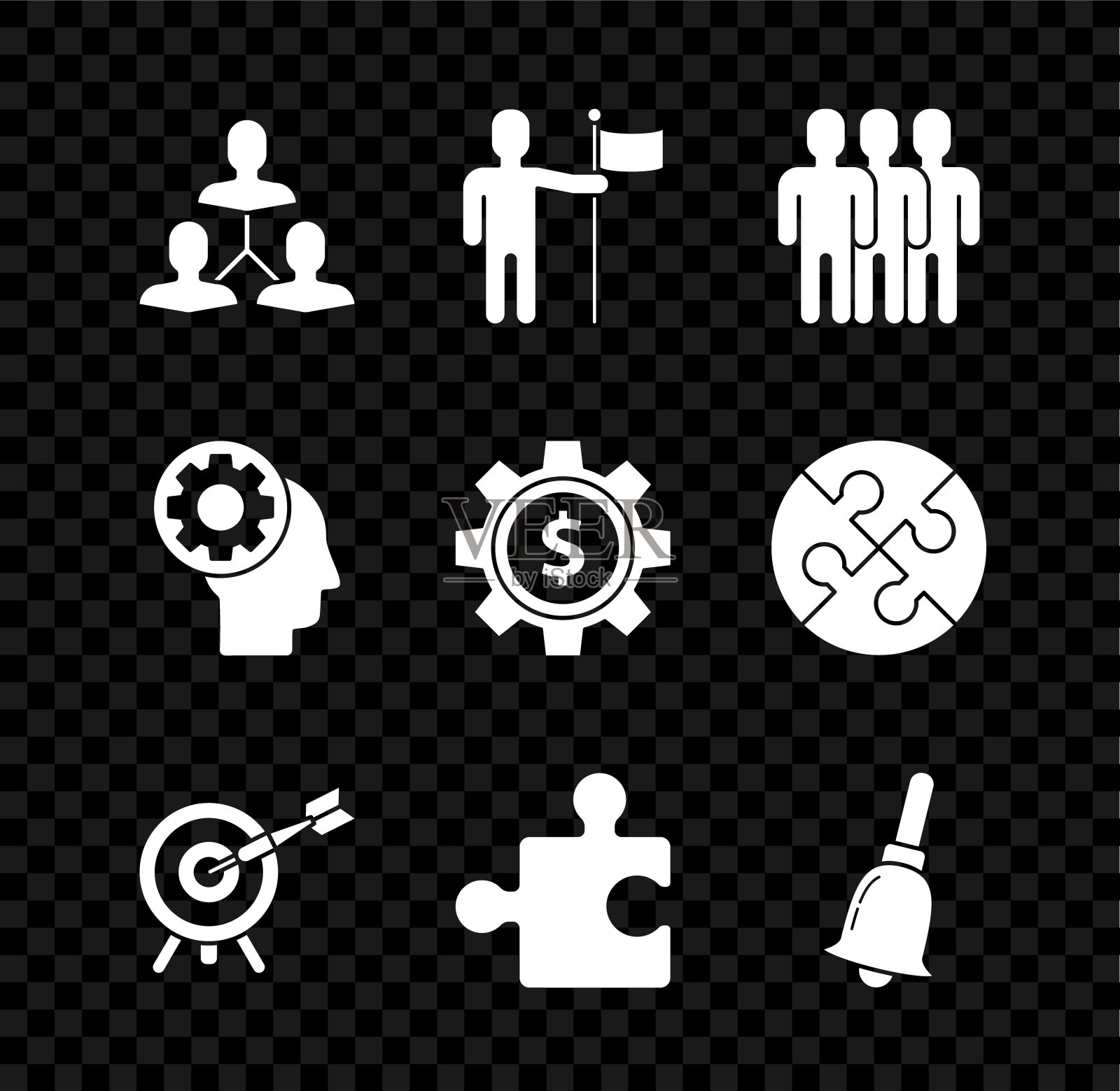 设置项目团队基地，男子手持旗帜，用户组，目标与箭，一块拼图，铃声，人头齿轮内和齿轮美元符号图标。向量图标素材