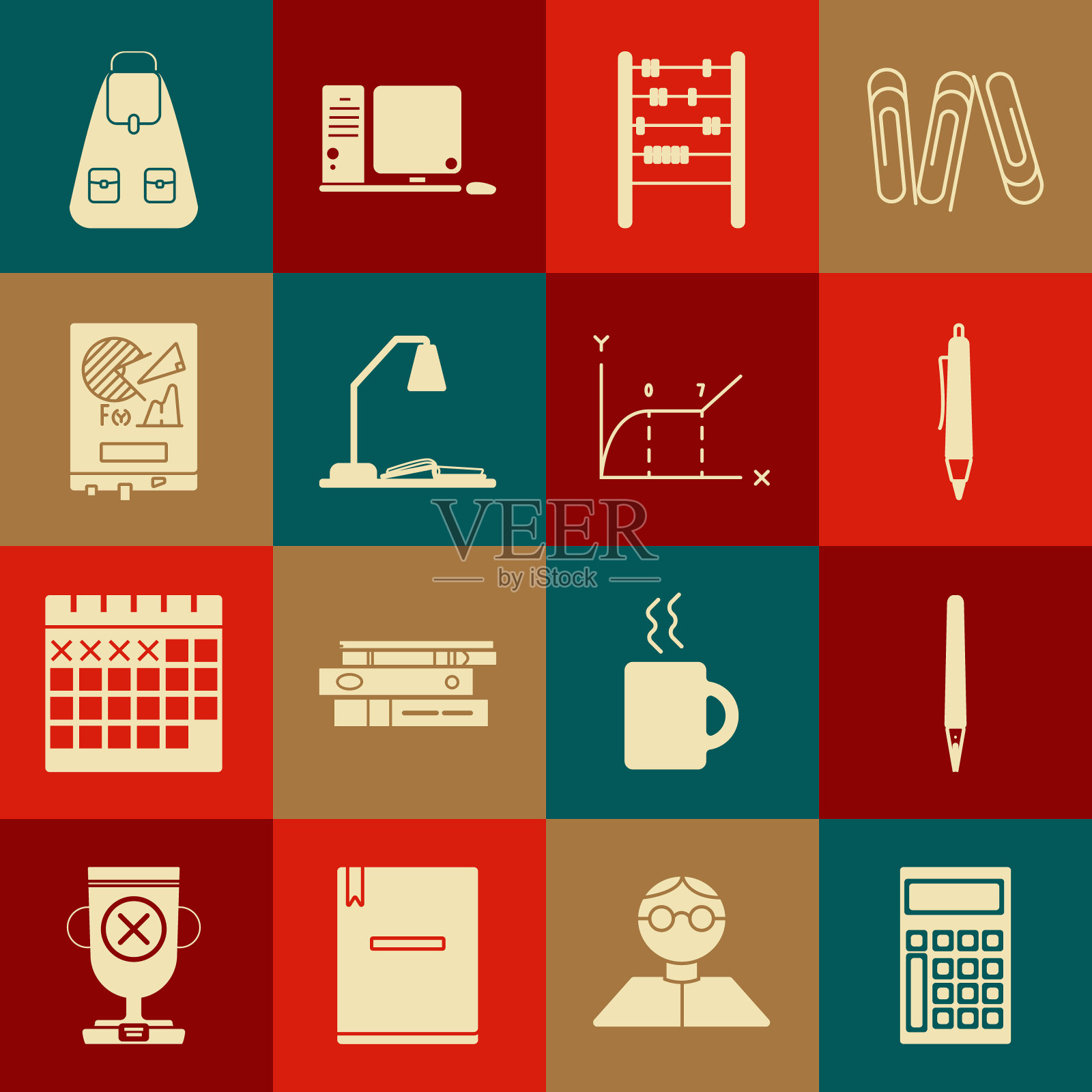 集合计算器，笔，算盘，工作场所与台灯和打开的书，板图形图表，学校背包和饼信息图标。向量图标素材