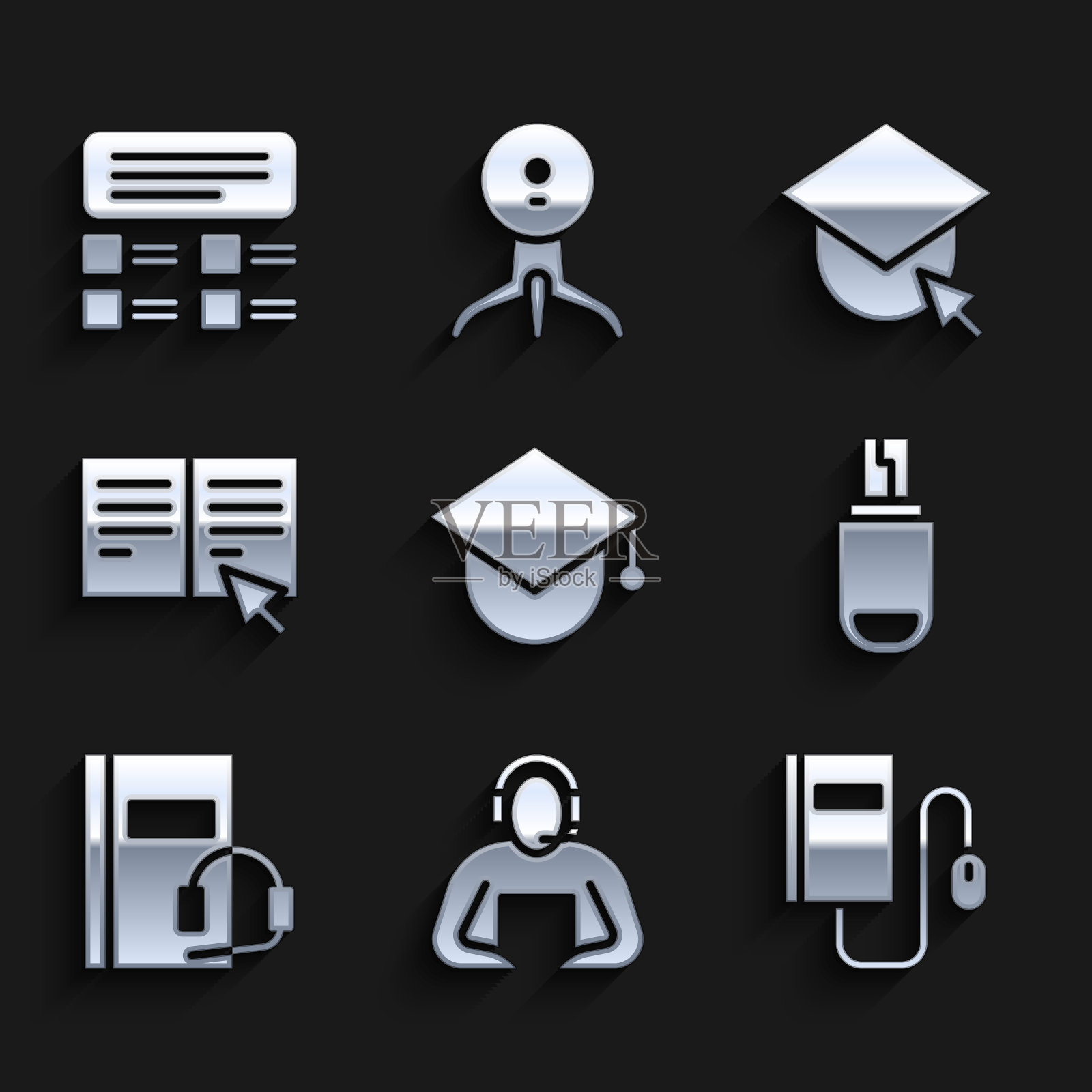 在地球仪上设置毕业帽，学生，鼠标电子图书，USB闪存驱动器，音频，在线，测验，测试，调查图标。向量图标素材