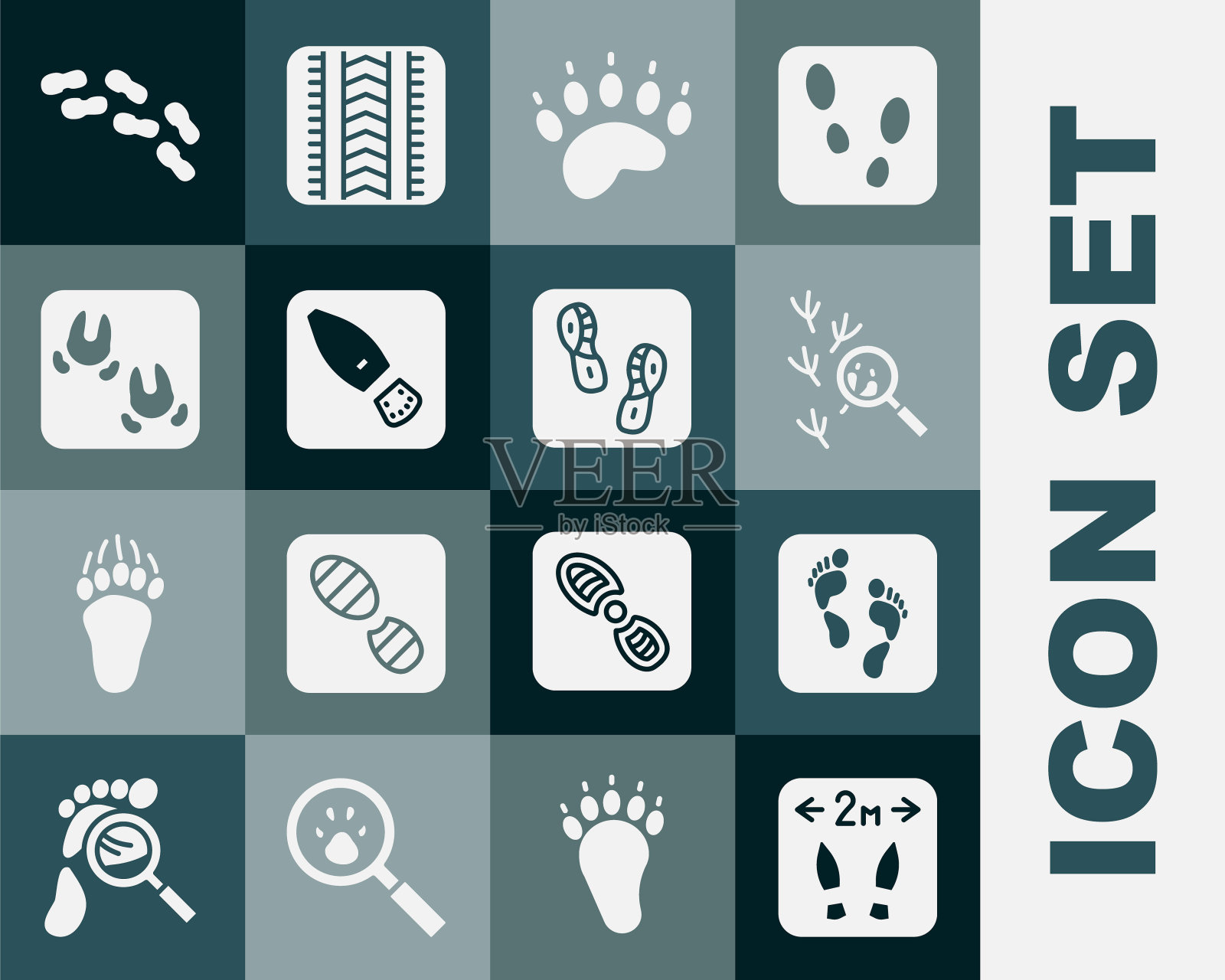 设置安全距离，人类足迹，鸟，熊掌，脚印鞋，野猪，图标。向量图标素材