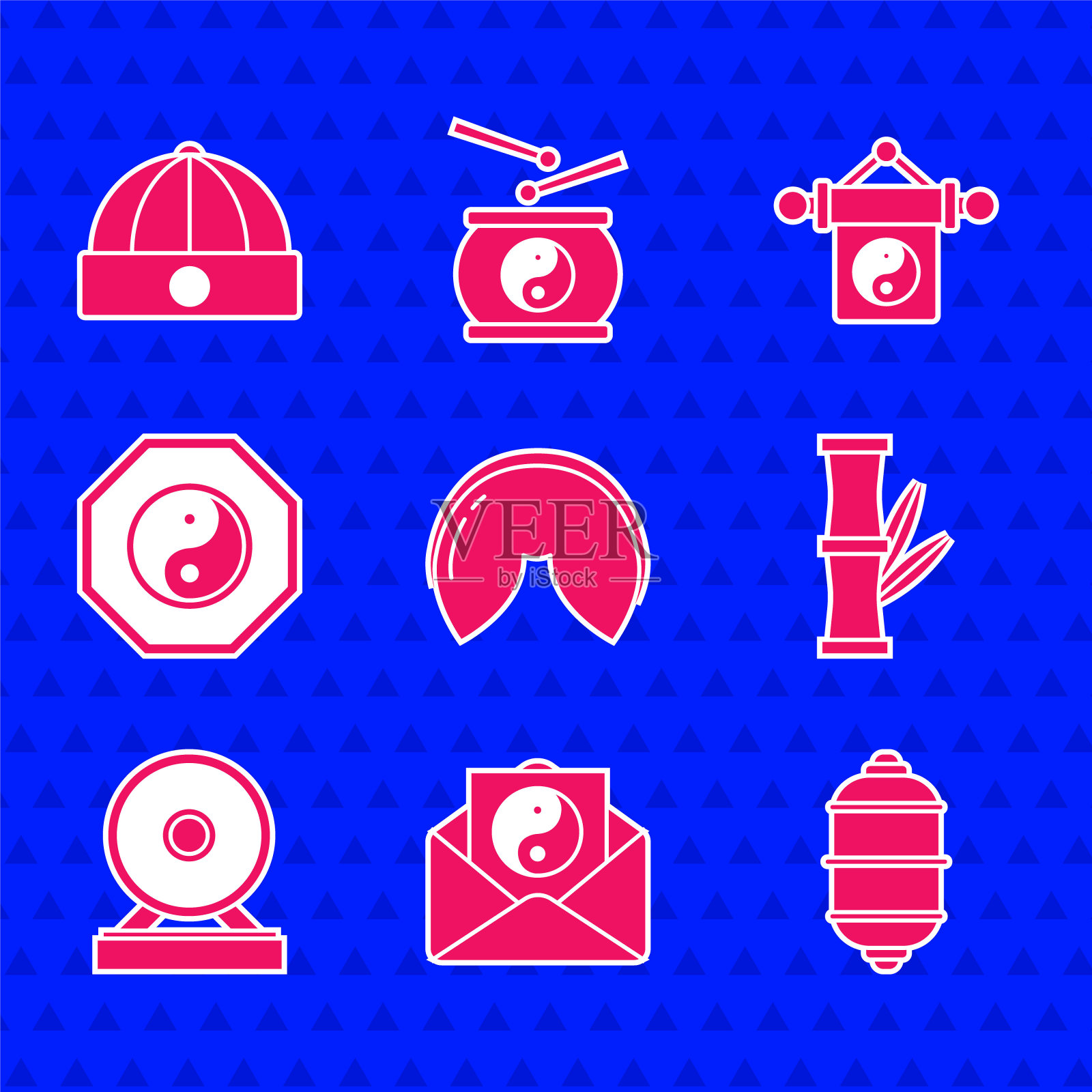 设置中国幸运饼干，阴阳信封，纸灯笼，竹，宫，帽子图标。向量图标素材