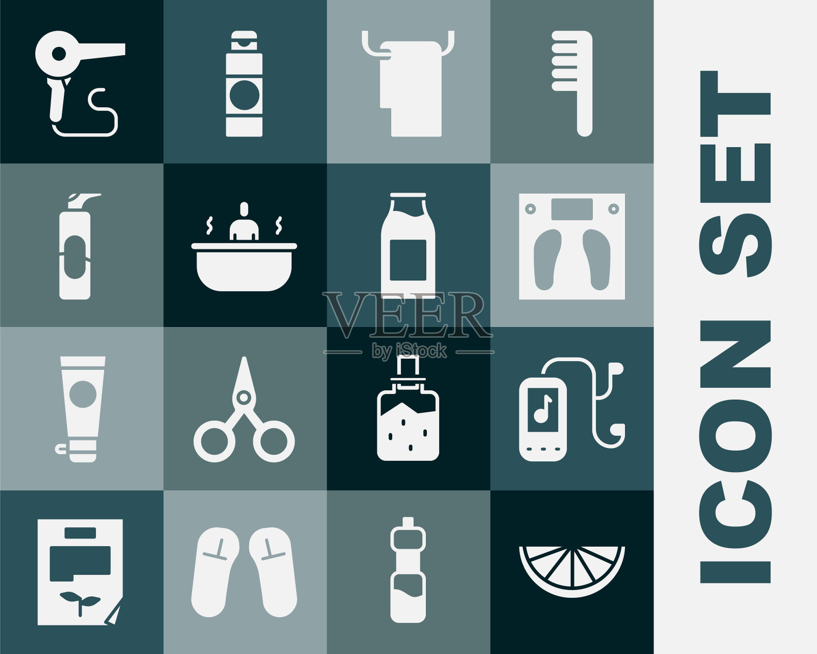 设置柑橘类水果，音乐播放器，浴室秤，毛巾衣架，浴缸，发胶喷雾罐，吹风机和牛奶图标瓶。向量图标素材