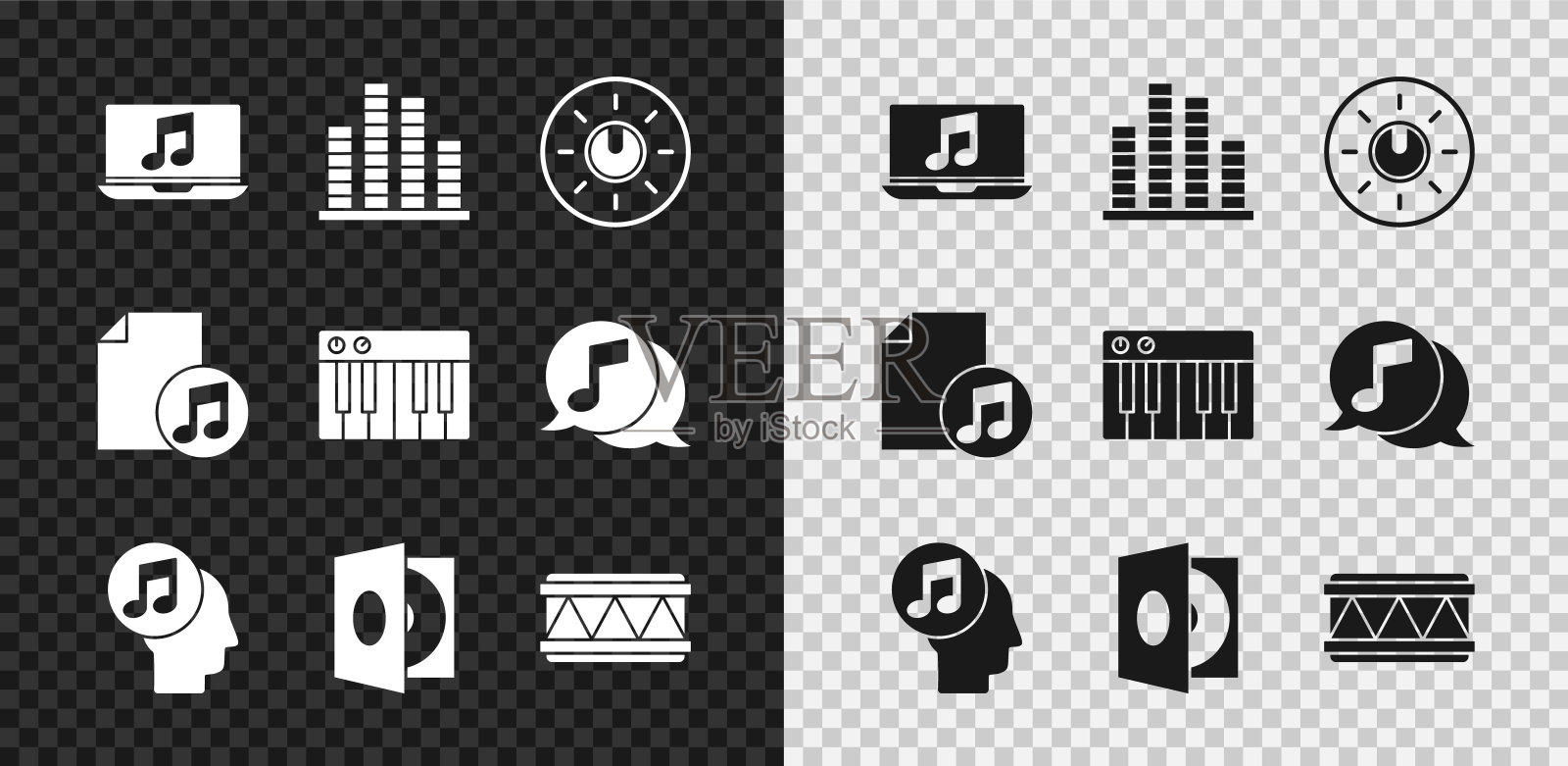 设置笔记本电脑与音乐笔记，音乐均衡器，拨号旋钮水平技术设置，音乐人的头，黑胶播放器黑胶磁盘，鼓，书和合成器图标。向量图标素材