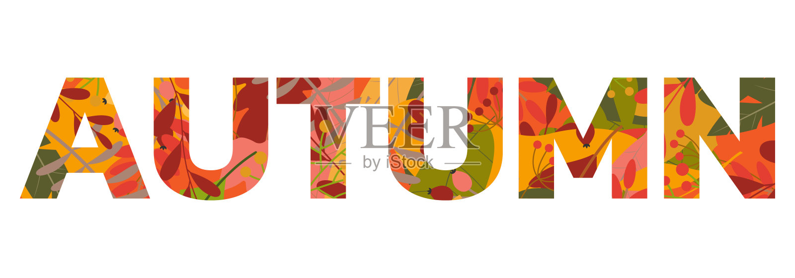 秋天的文字带着秋天的落叶。用色彩丰富的树叶给字体调味。矢量插图。插画图片素材