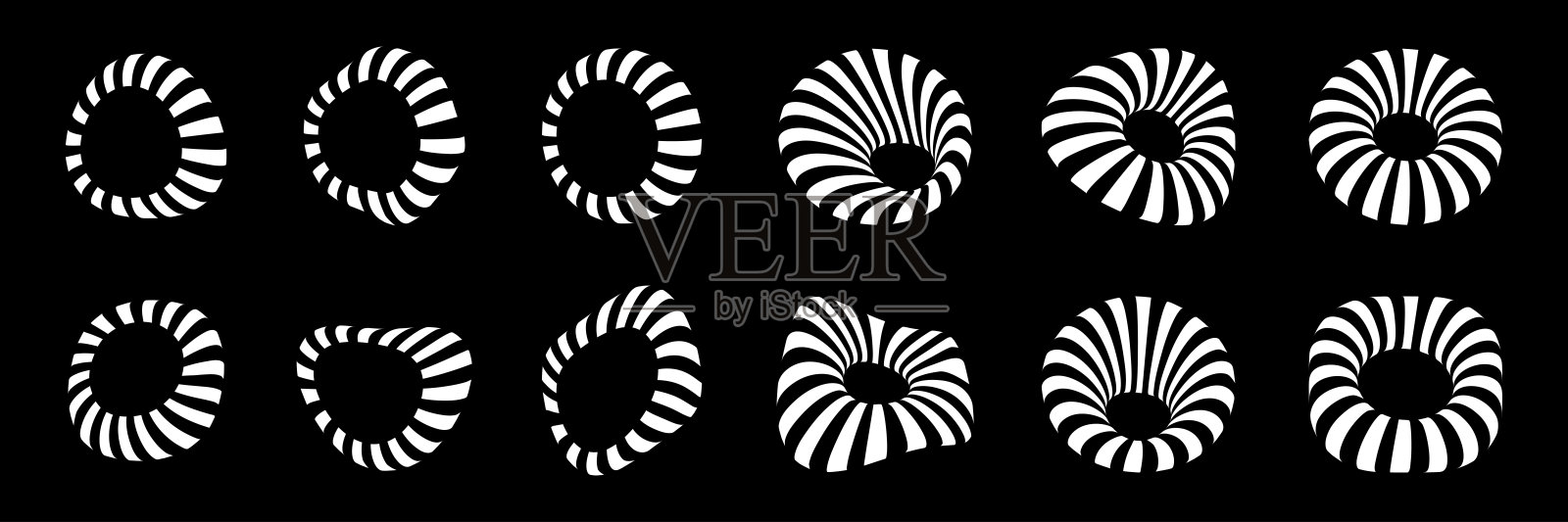 白色3d圆形条纹框架设置。三维条纹扭曲形状。标志设计元素为科技、医疗。圆形边框采用线条条纹纹理。向量插画图片素材