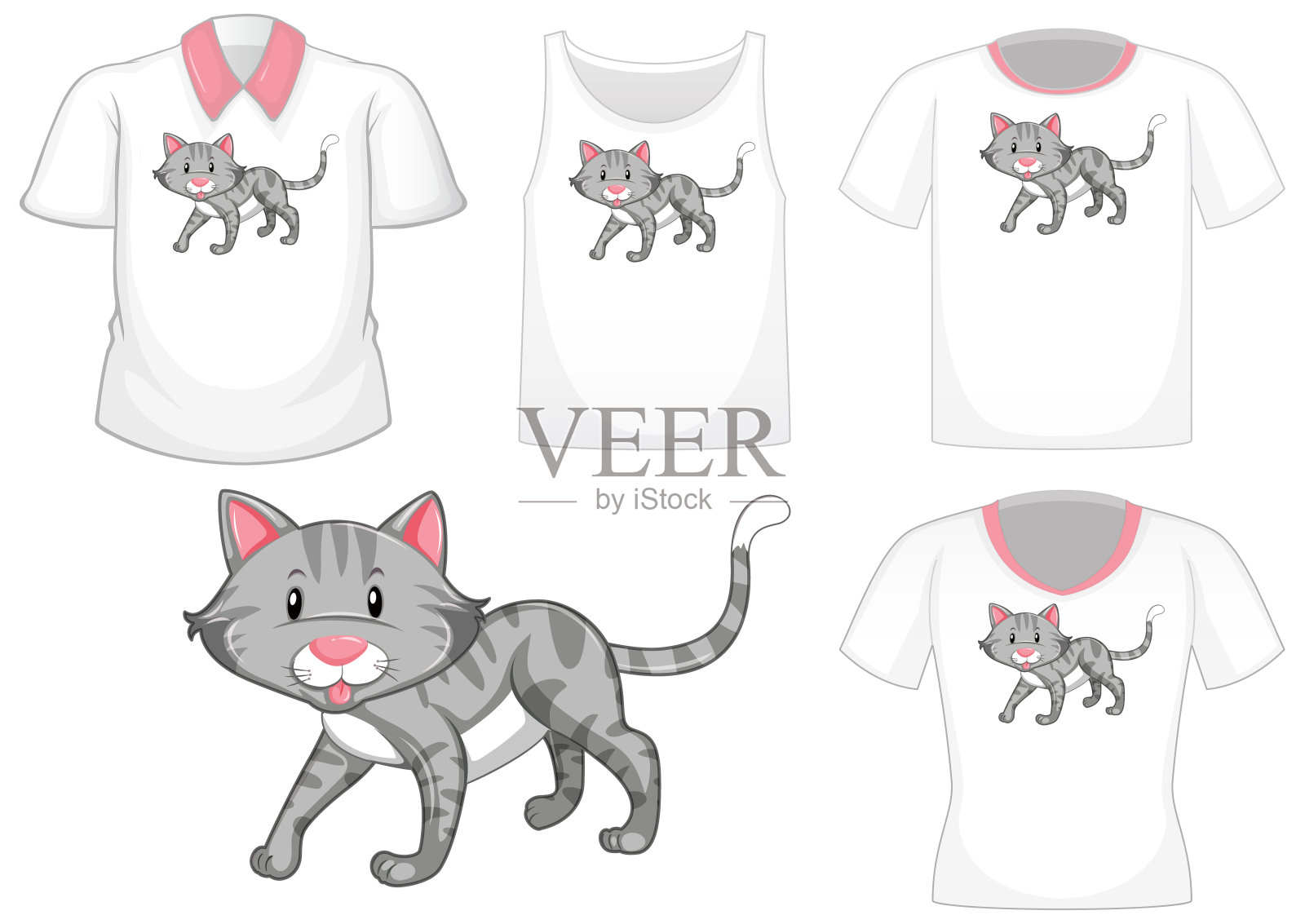 猫卡通人物与一套不同的衬衫孤立在白色背景插画图片素材