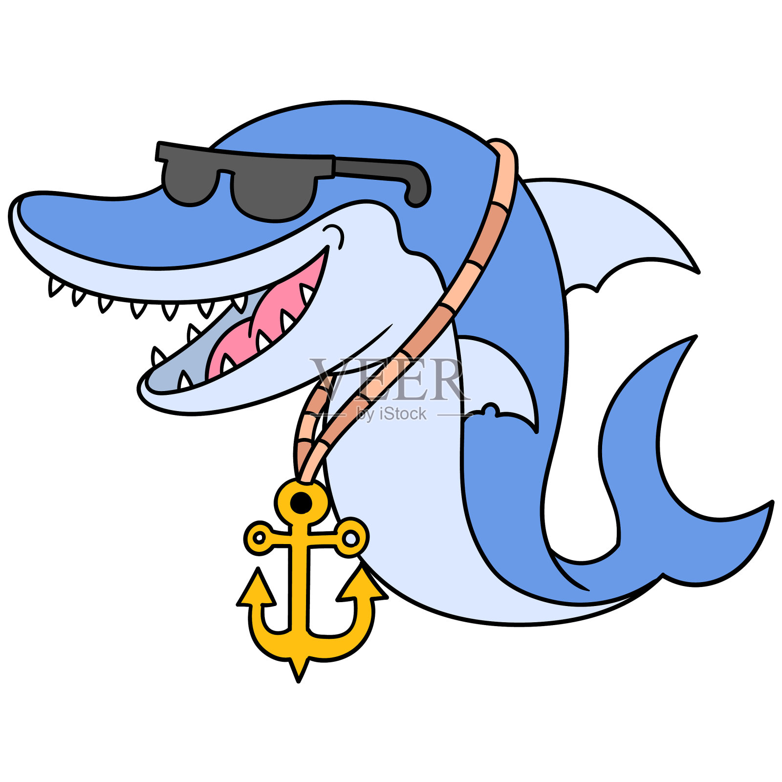 鲨鱼说唱歌手戴着墨镜和金色锚插画图片素材