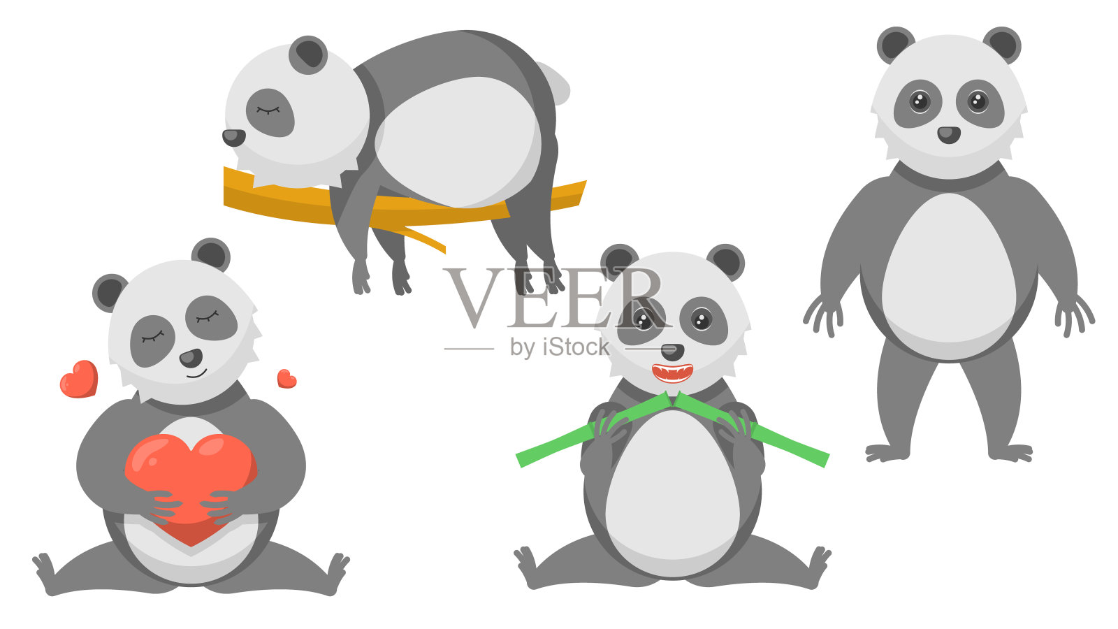 集抽象收集平面卡通 不同的动物熊猫站在树枝上睡觉吃竹子拥抱心脏矢量设计风格元素动物野生动物插画图片素材