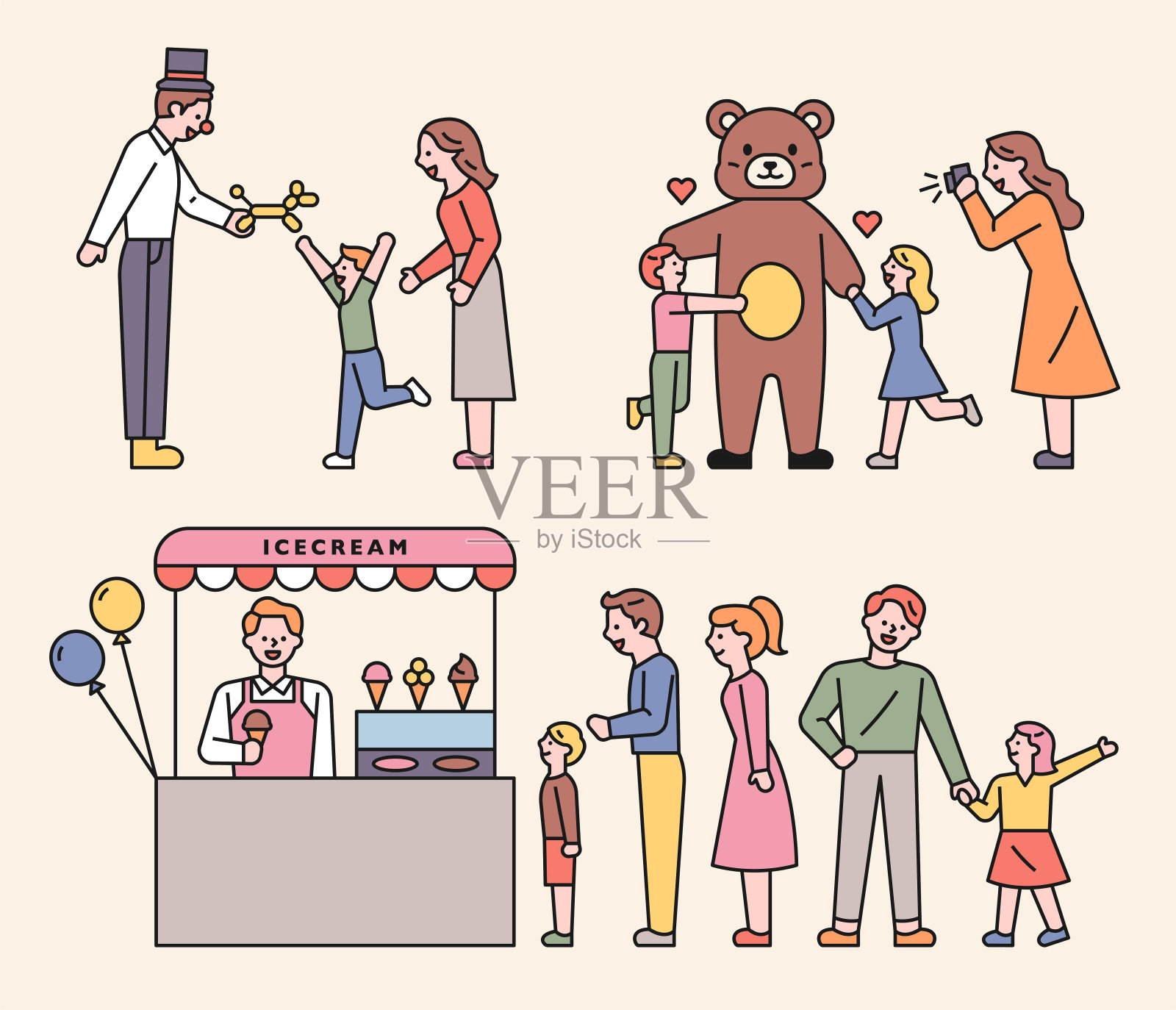 游乐园的吉祥物气球人和冰淇淋店设计元素图片