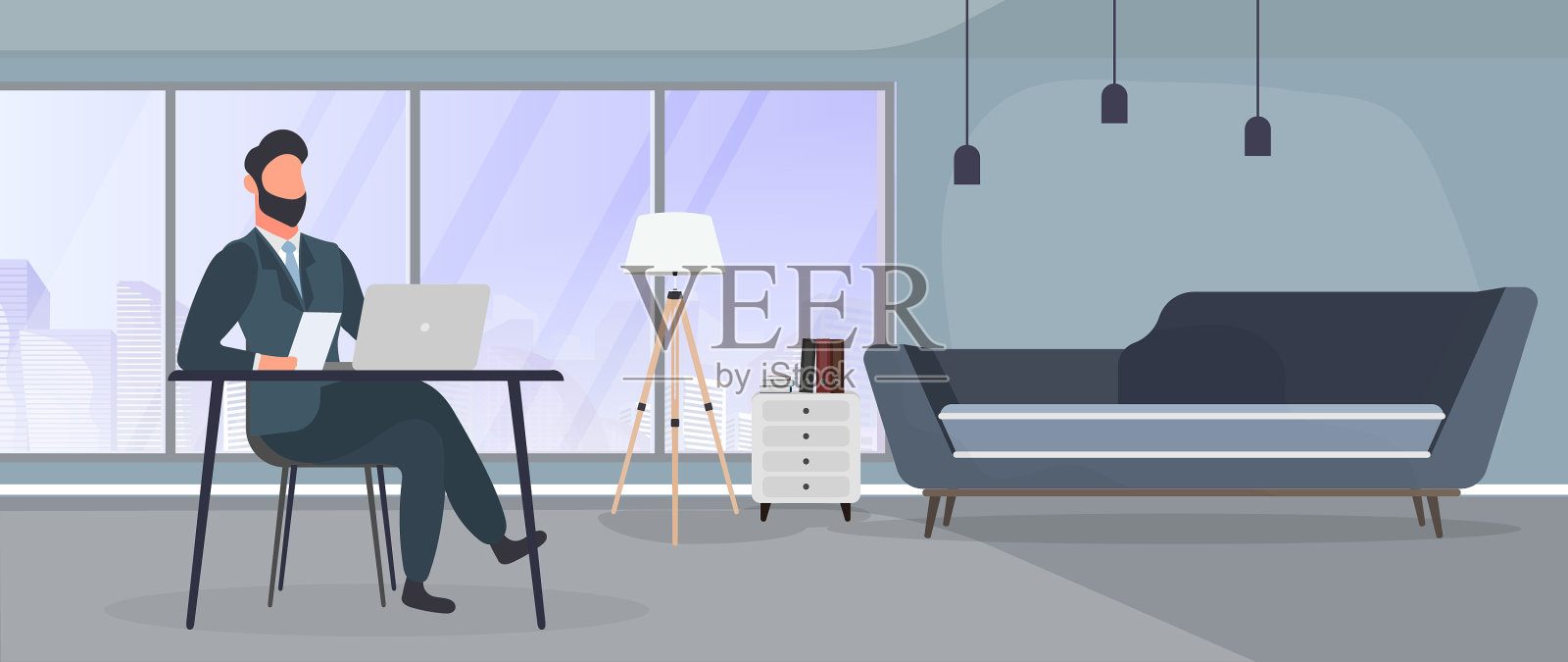 一个戴眼镜的人坐在他办公室的桌子旁插画图片素材