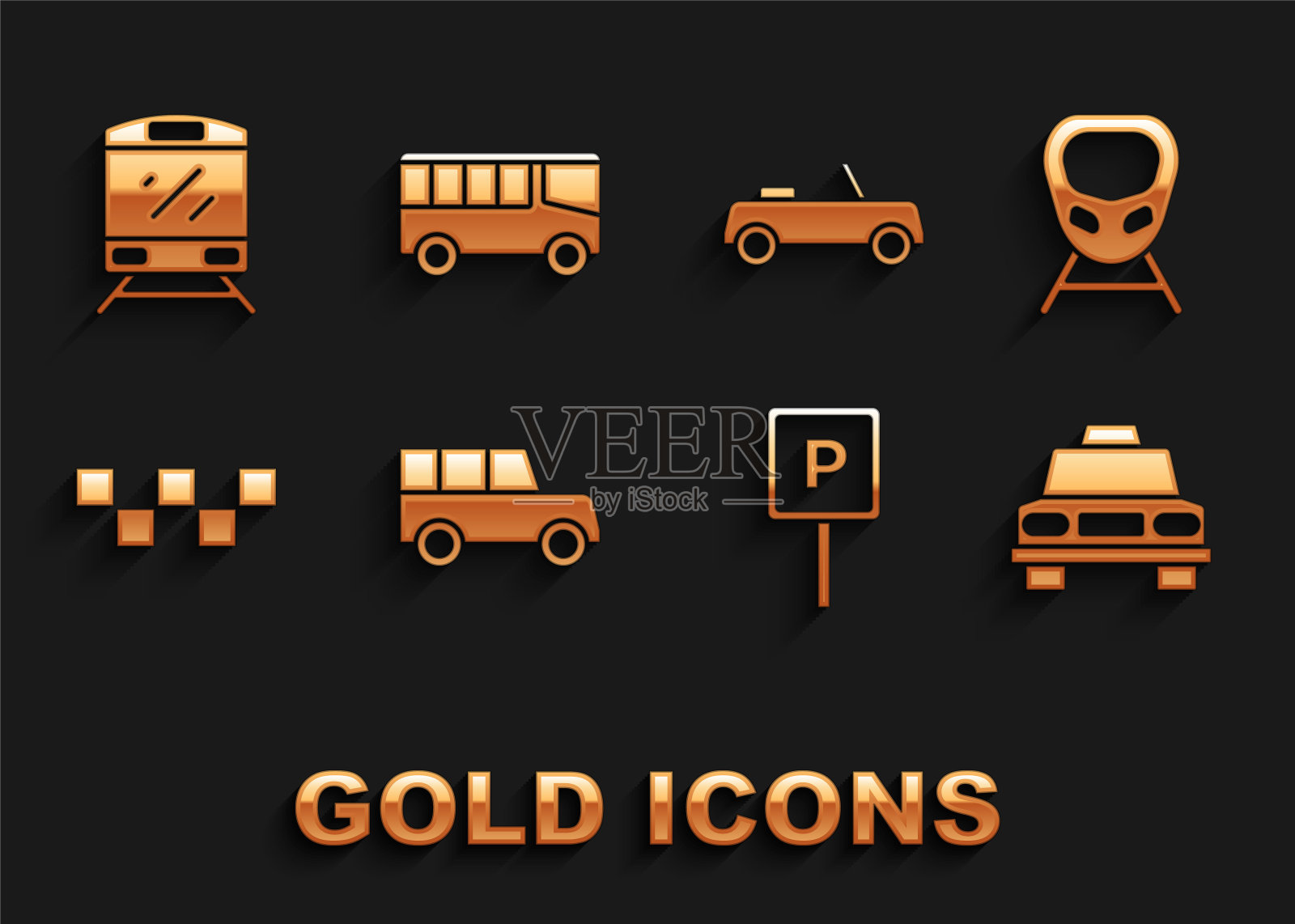 设置汽车，高速列车，出租车，停车场，车顶，火车和巴士图标。向量图标素材