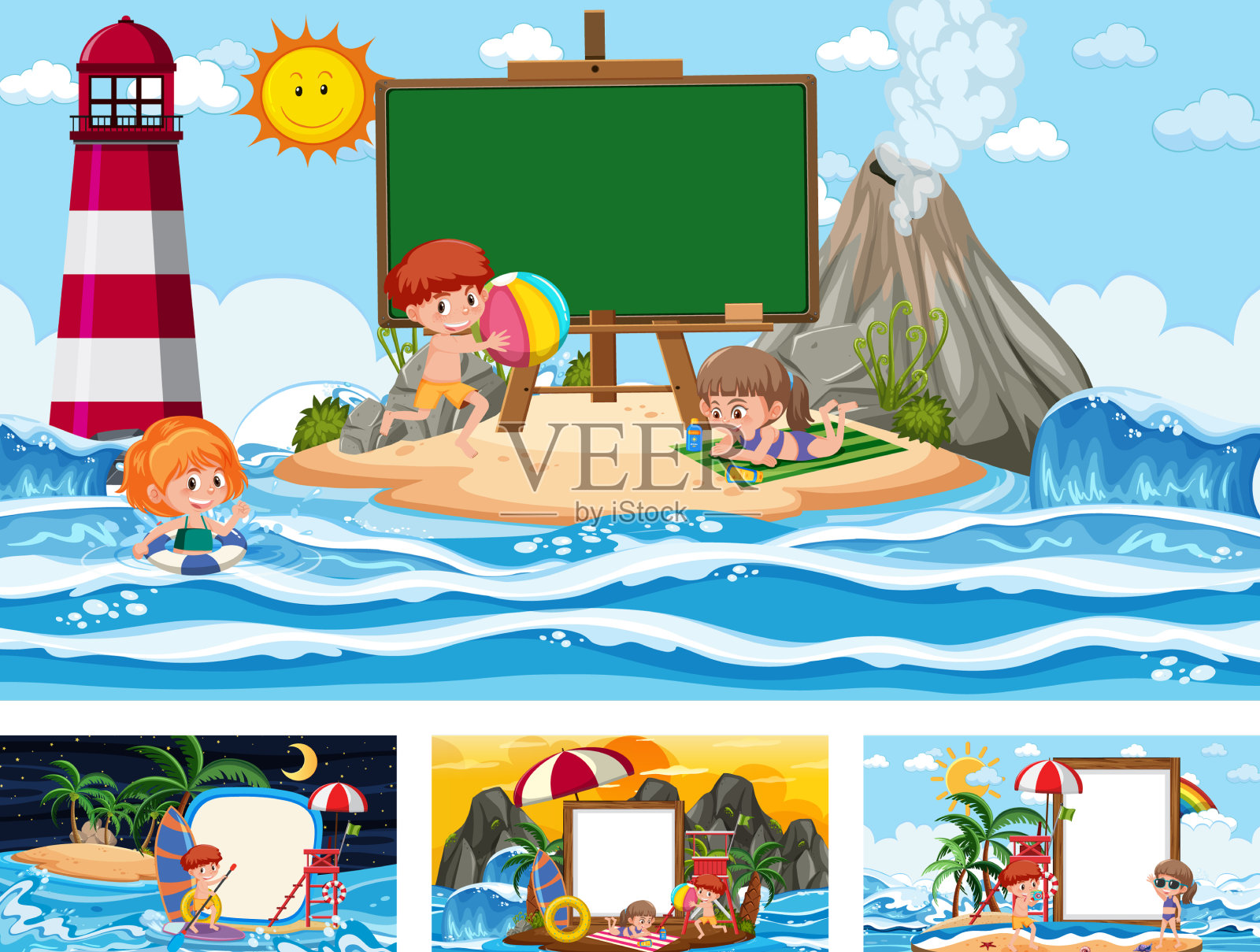 在不同的热带海滩设置空白横幅插画图片素材