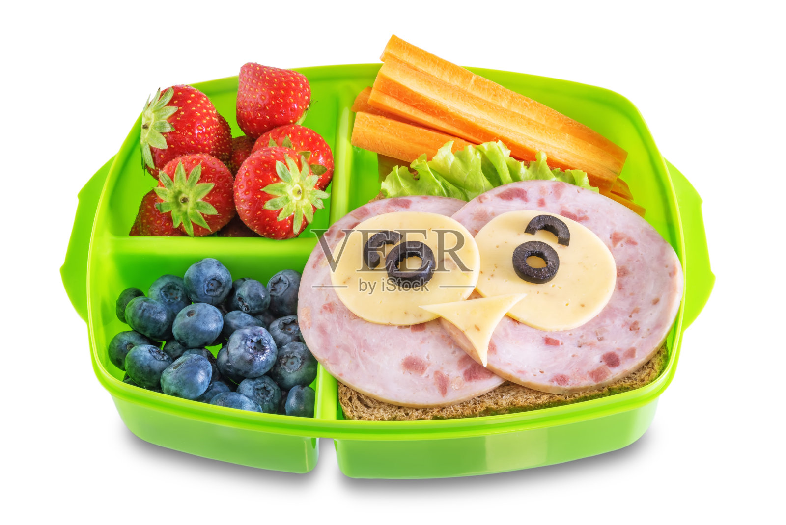 学校的健康午餐和有趣的面孔在一个白色孤立背景的容器照片摄影图片