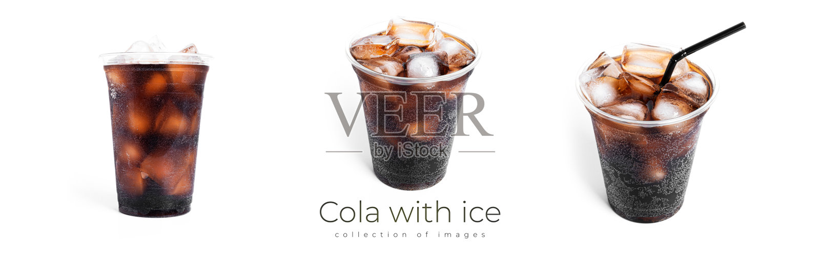 苏打水加冰，放在白色背景的透明塑料玻璃中照片摄影图片