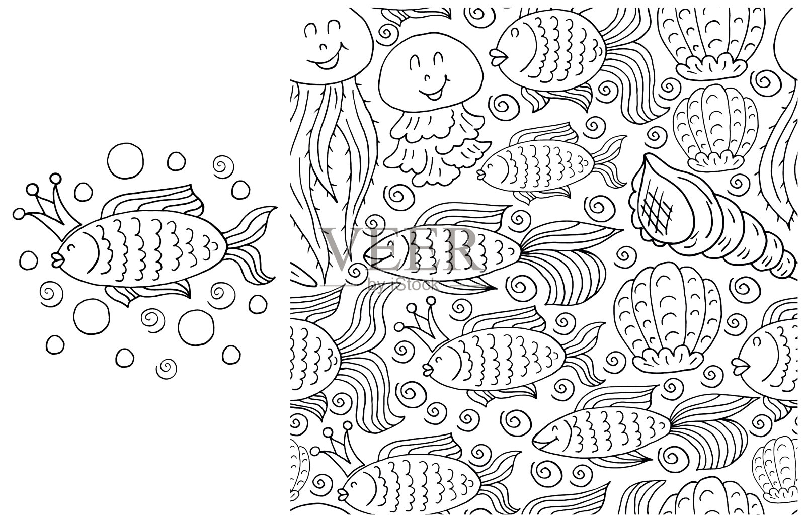 轮廓集合元素和无缝图案理想插画图片素材