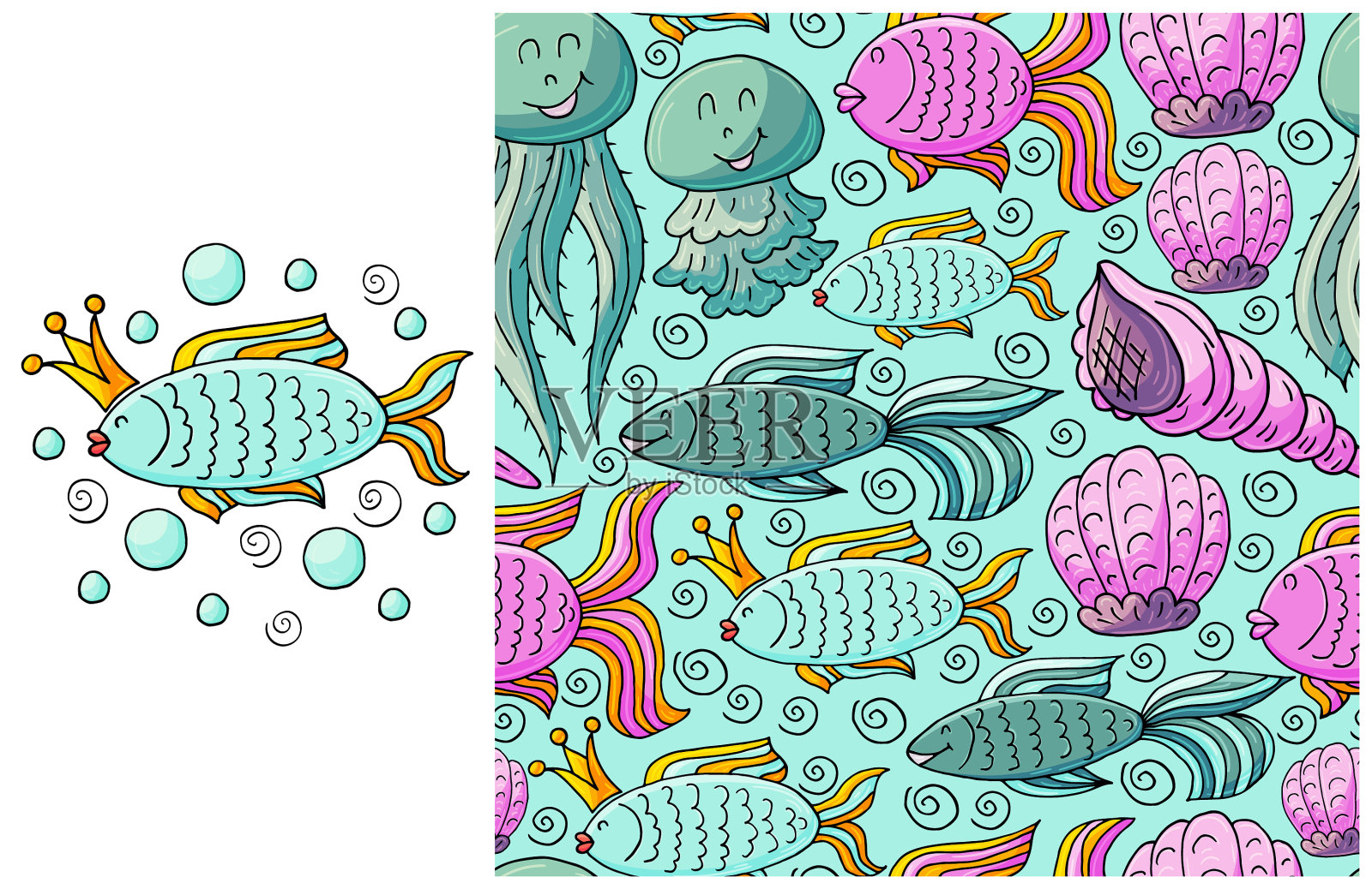 设置元素和无缝图案鱼后插画图片素材