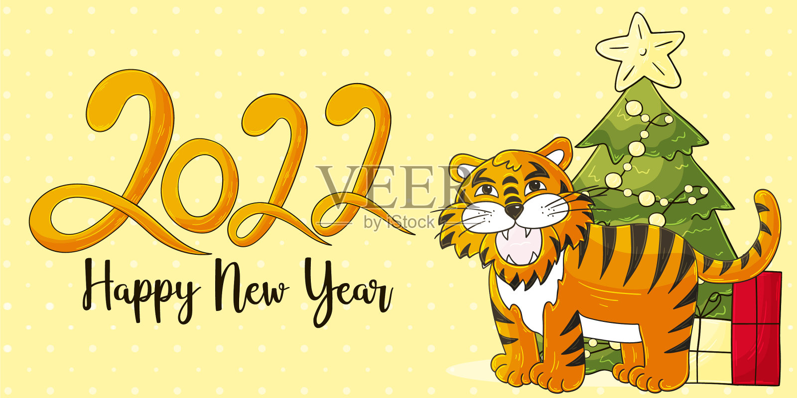 标志2022黄色贺卡上有一只老虎插画图片素材