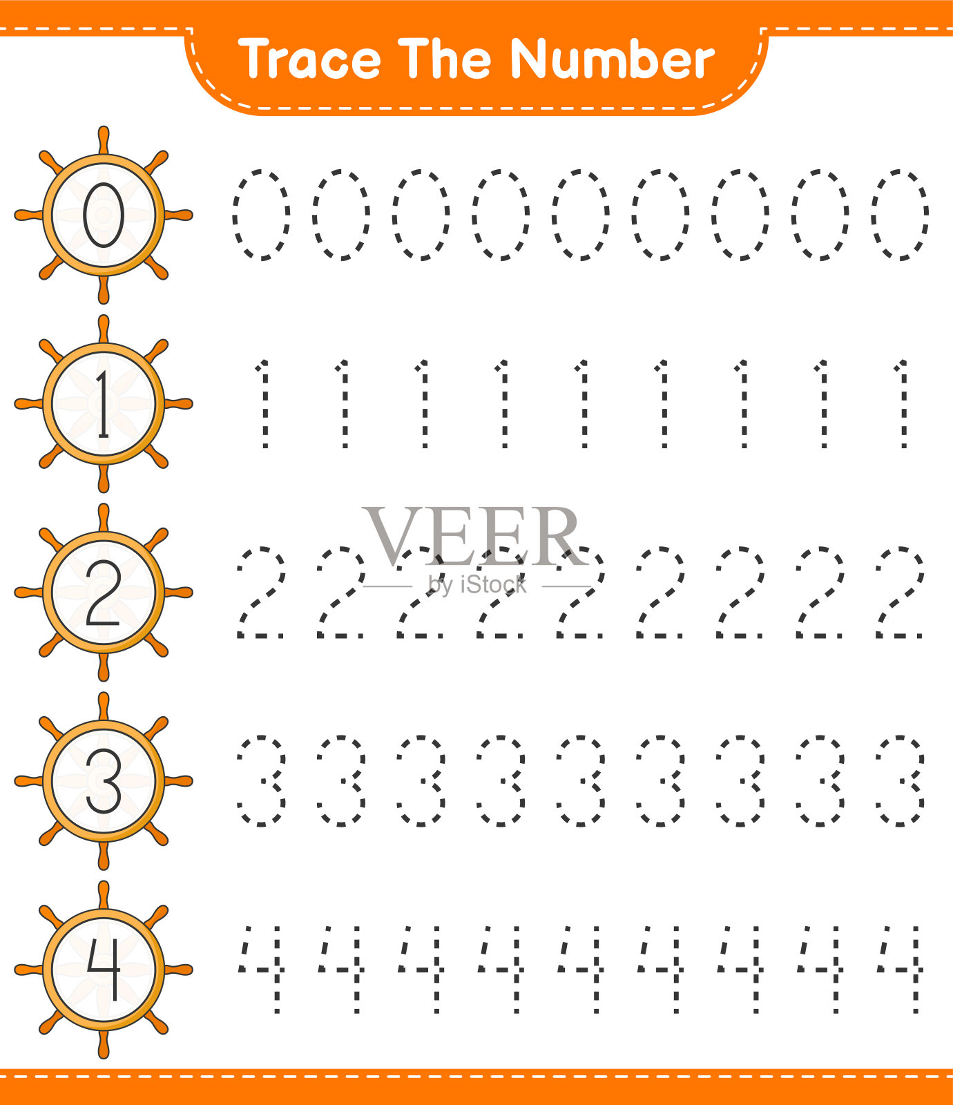 跟踪号码。用船舶舵轮追踪号码。教育儿童游戏，可打印的工作表，矢量插图插画图片素材