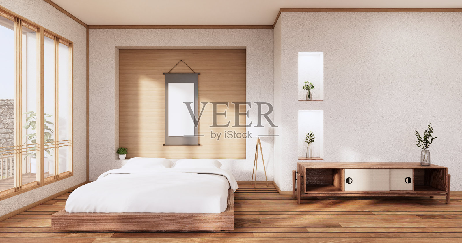 白色卧室日式设计的热带房间室内和榻榻米地板。三维渲染照片摄影图片